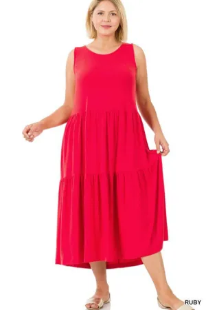 Solid Plus Size Sleeveless Tiered Midi Dress