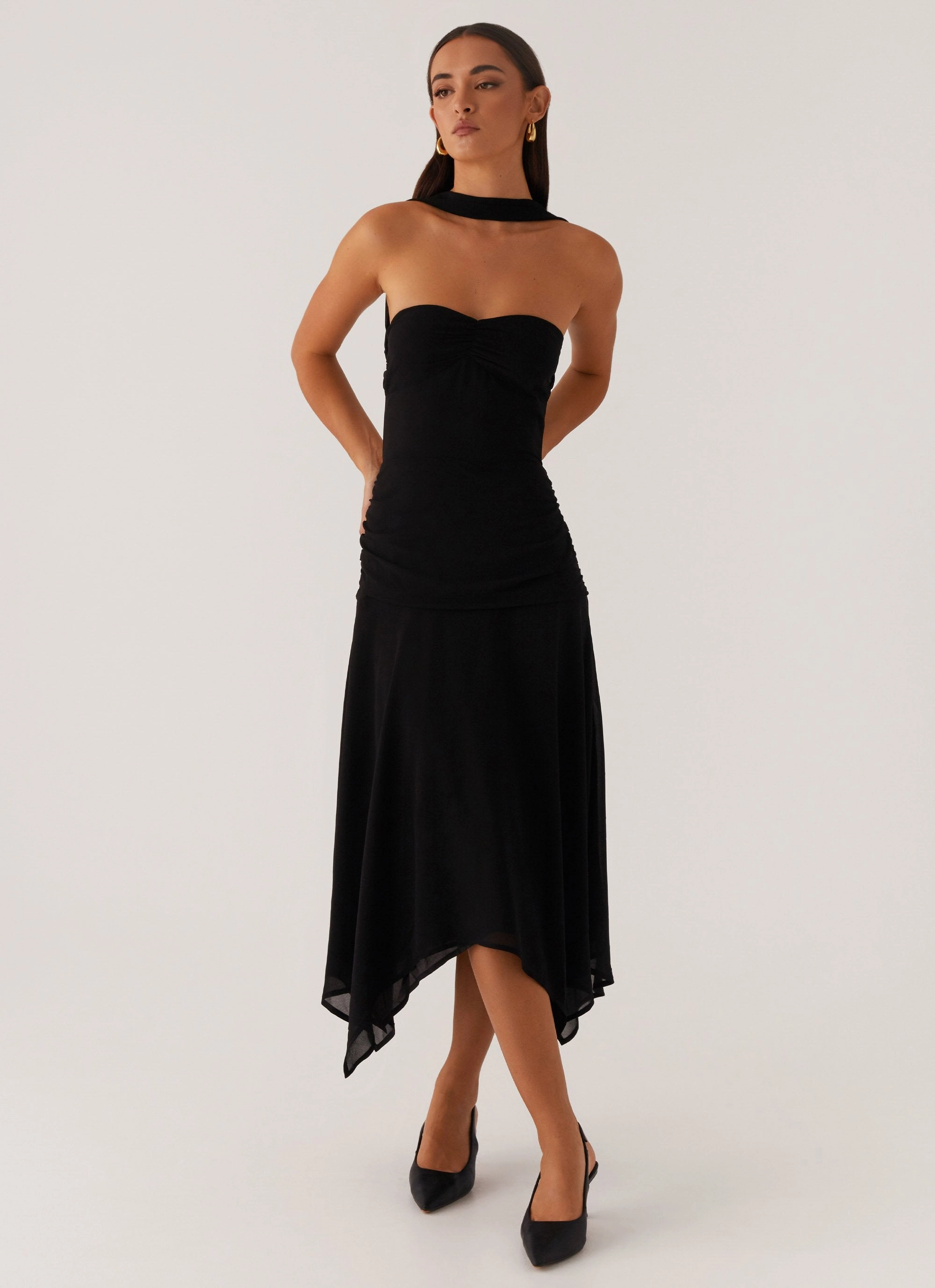 Leto Chiffon Midi Dress - Black Flattering Silhouette Wear