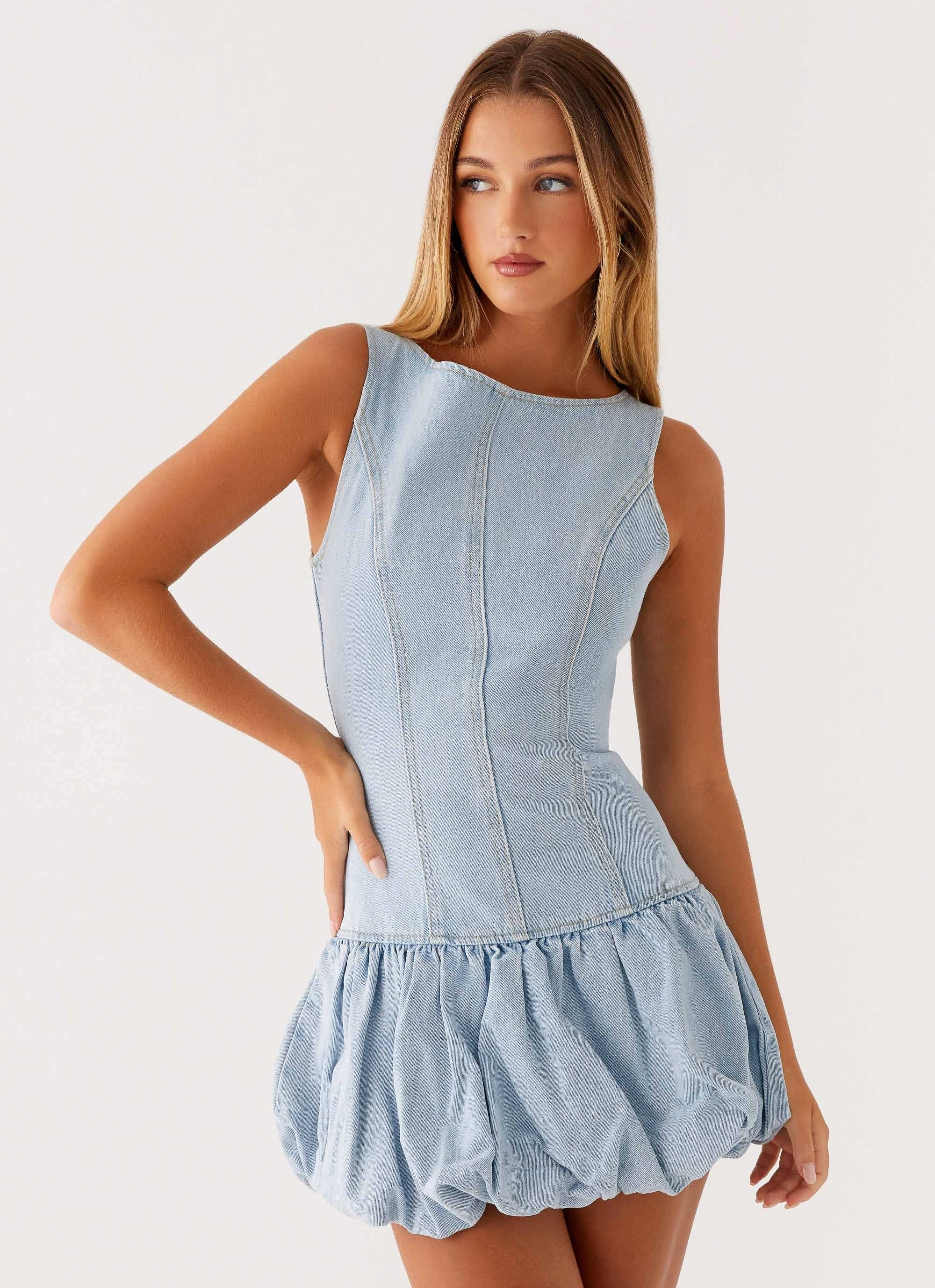 Meg Bubble Denim Mini Dress - Blue Handmade Chic beachwear dress