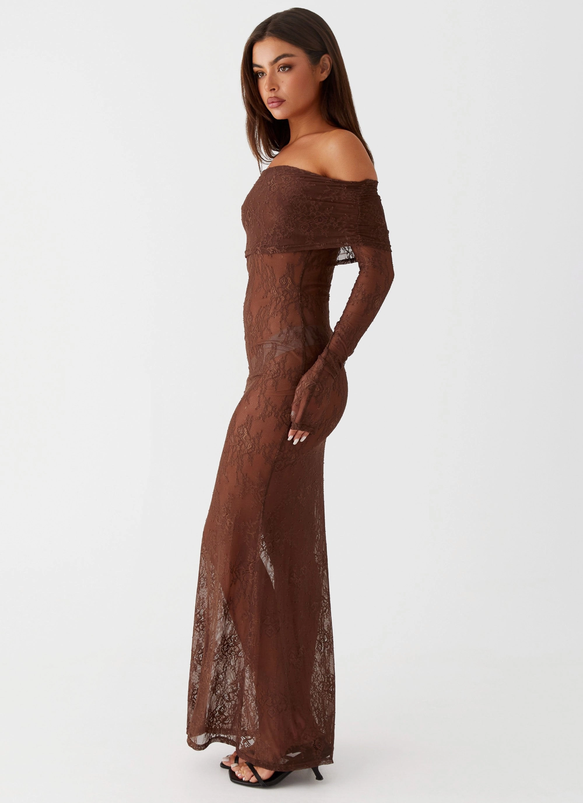 Nadia Lace Maxi Dress - Chocolate flattering appearance Day Fit