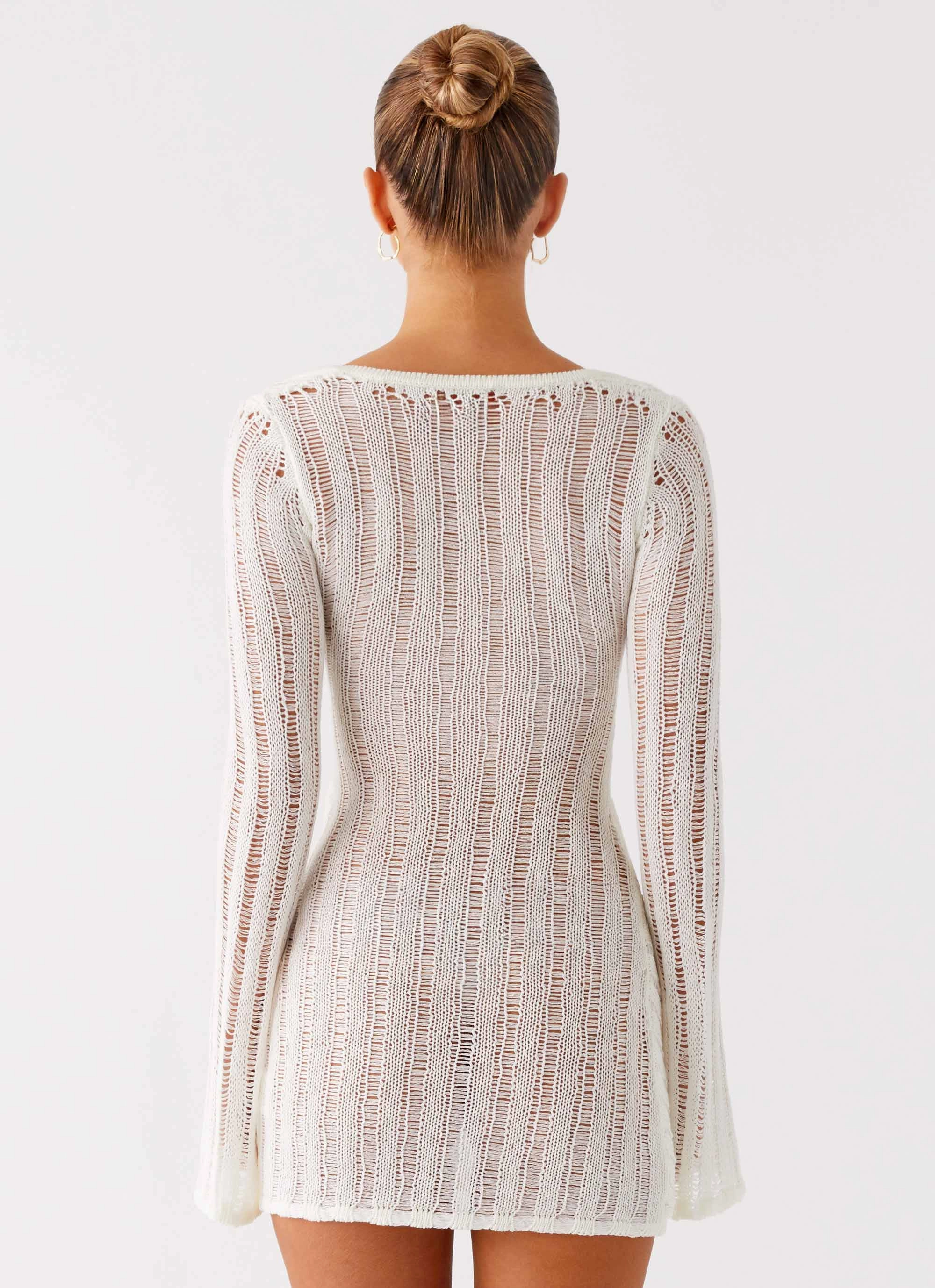 Sorelle Long Sleeve Twist Mini Dress - Ivory Pleat-Front Texture Edge