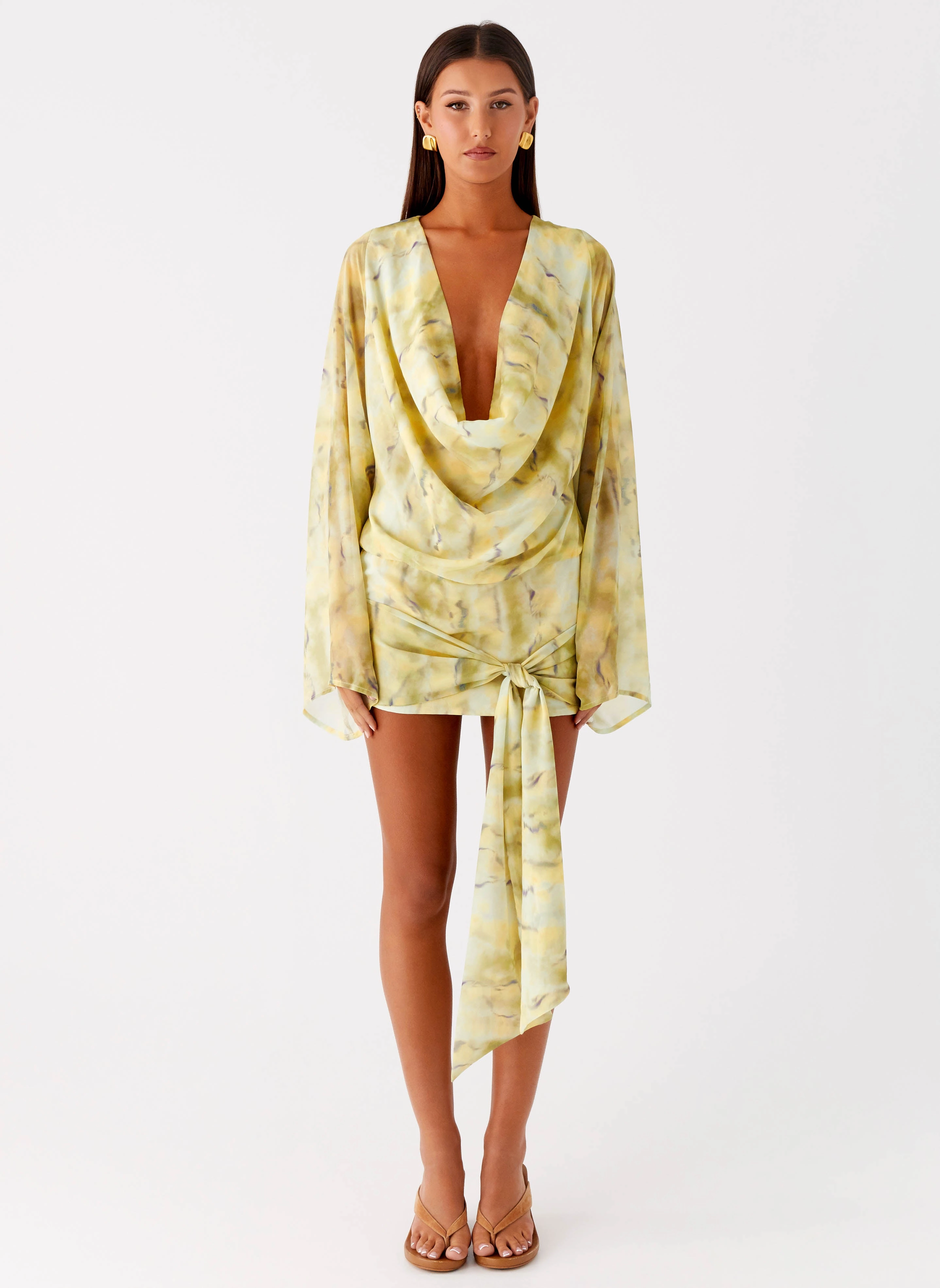 Lightweight Fabric Fit Waist Sorrel Long Sleeve Mini Dress - Yellow Tie Dye