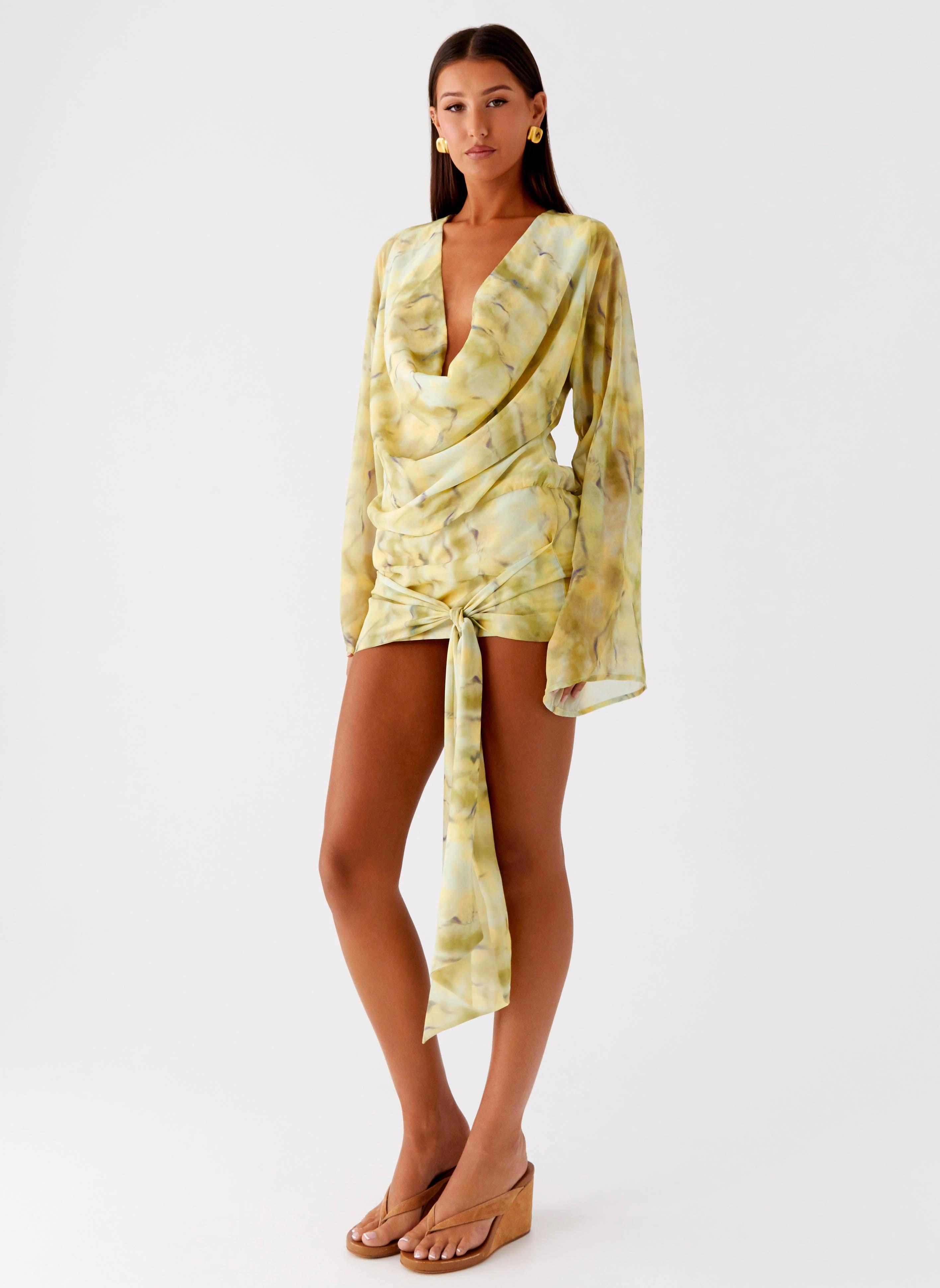 Smart Piece Flow Sleeve Sorrel Long Sleeve Mini Dress - Yellow Tie Dye