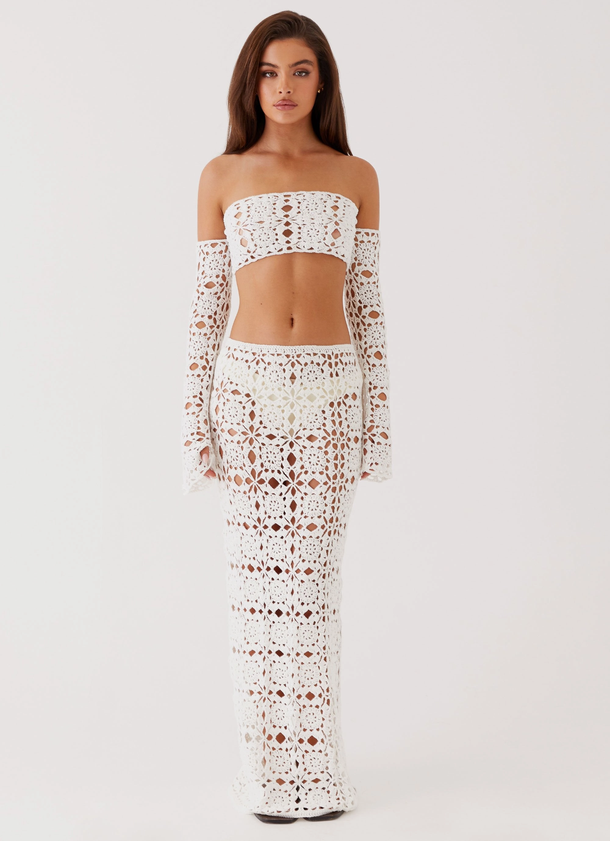 Sorrentino Crochet Long Sleeve Top - White Body shaping