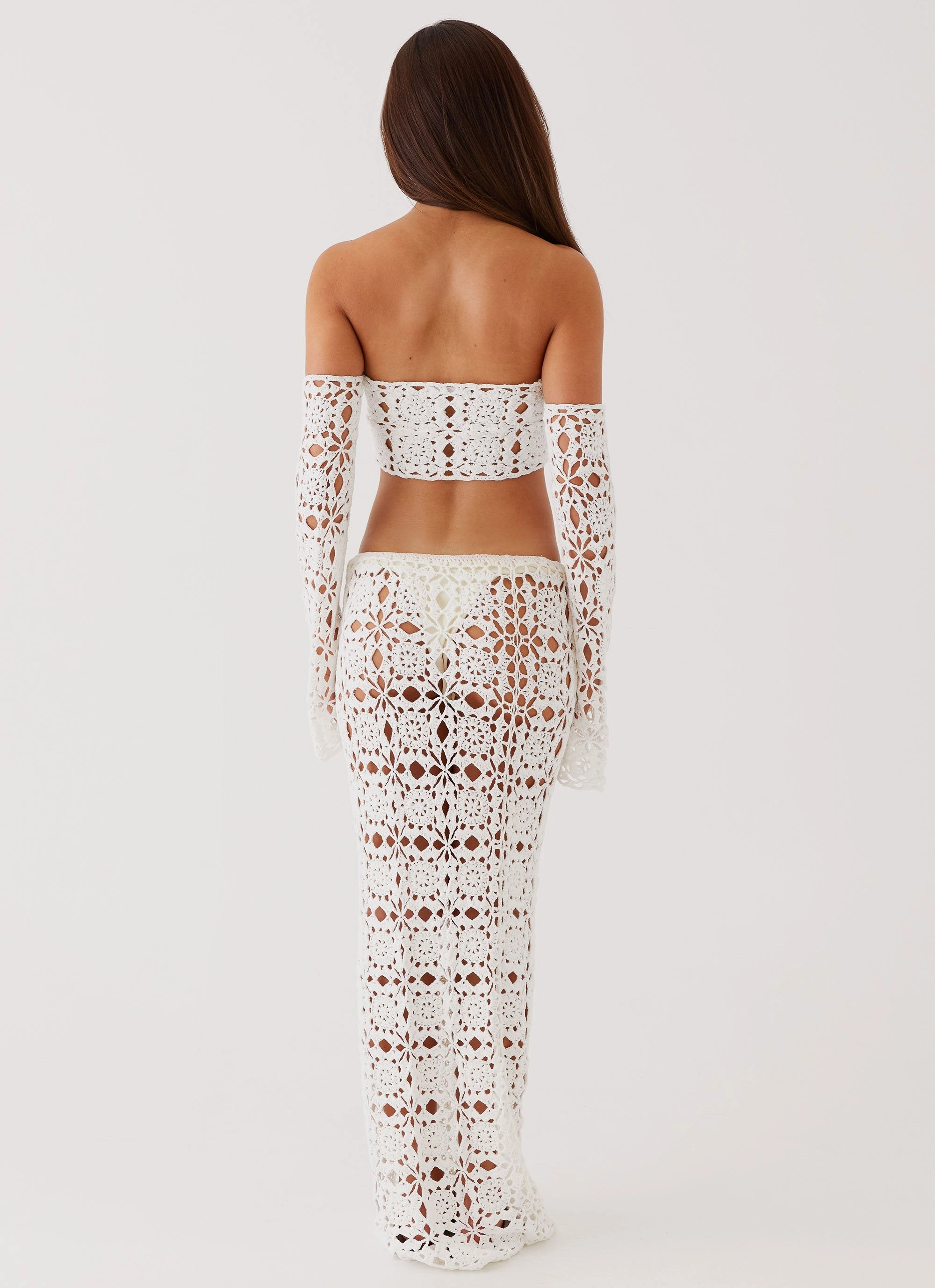 Slim Stretch Fit Laser cut Sorrentino Crochet Long Sleeve Top - White