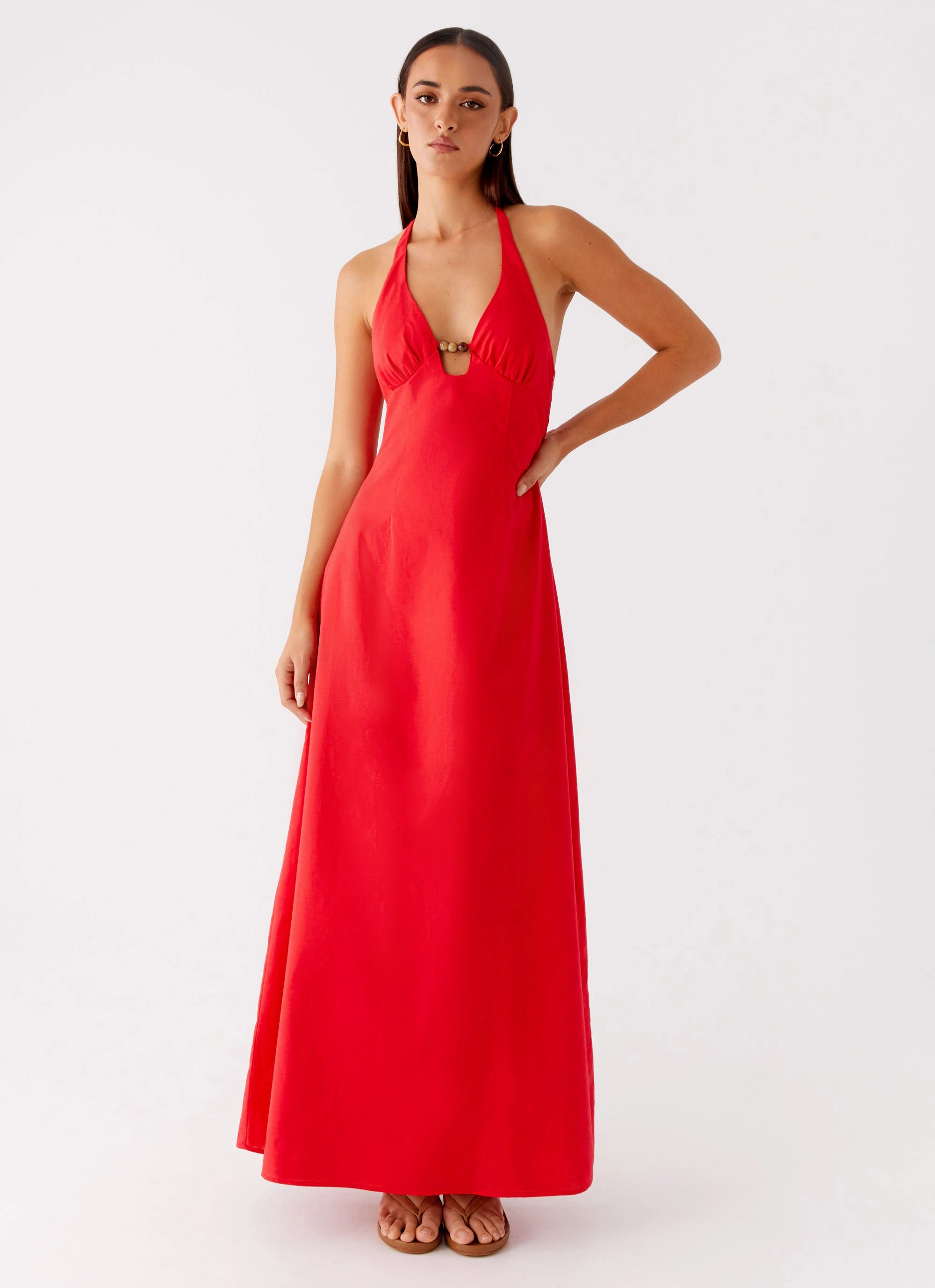 Minimal Curve Shiny Zip Zana Maxi Dress - Red