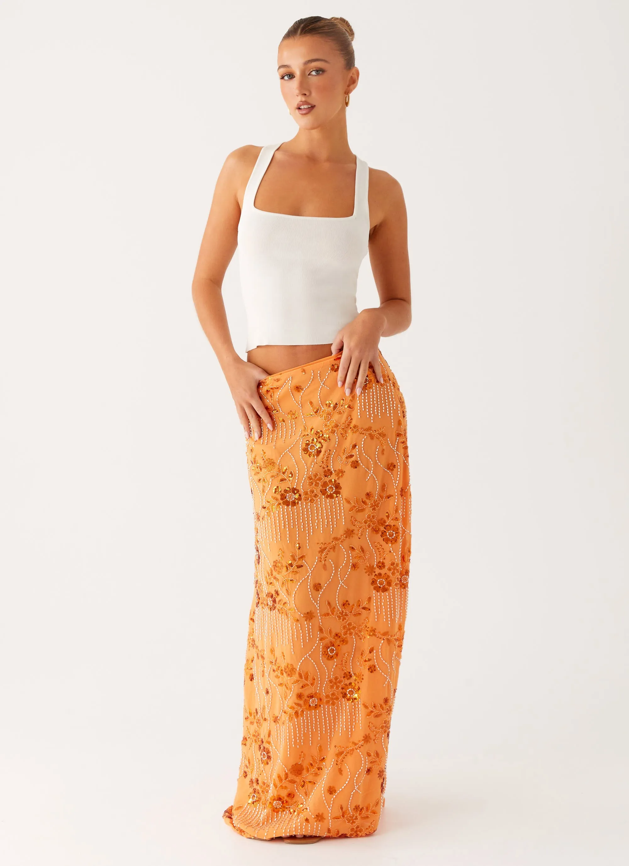 Corinna Low Rise Sequin Maxi Skirt - Orange Future Fashion Non Restrictive Fit