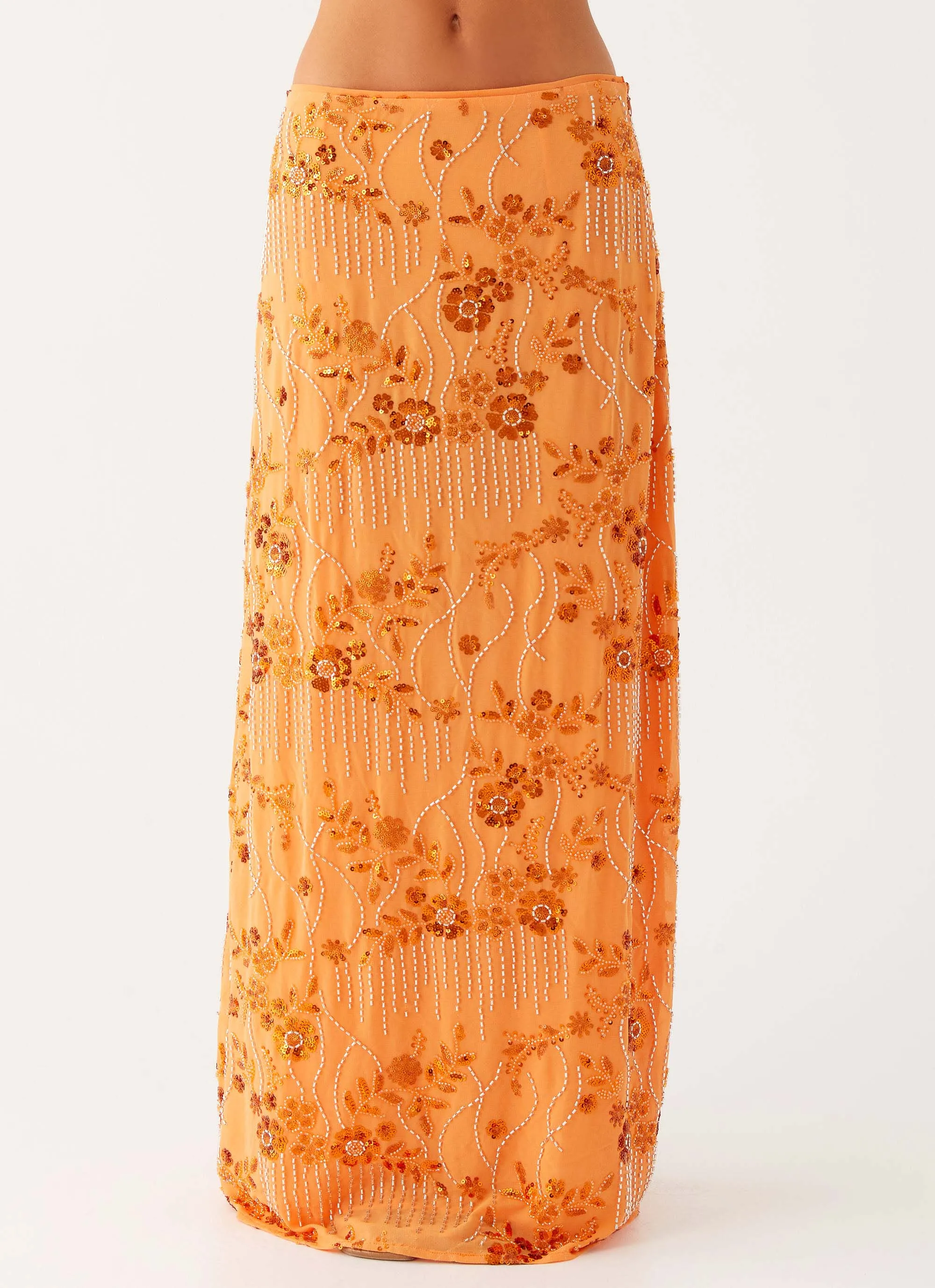 Corinna Low Rise Sequin Maxi Skirt - Orange Layer Combo Diagonal Slit