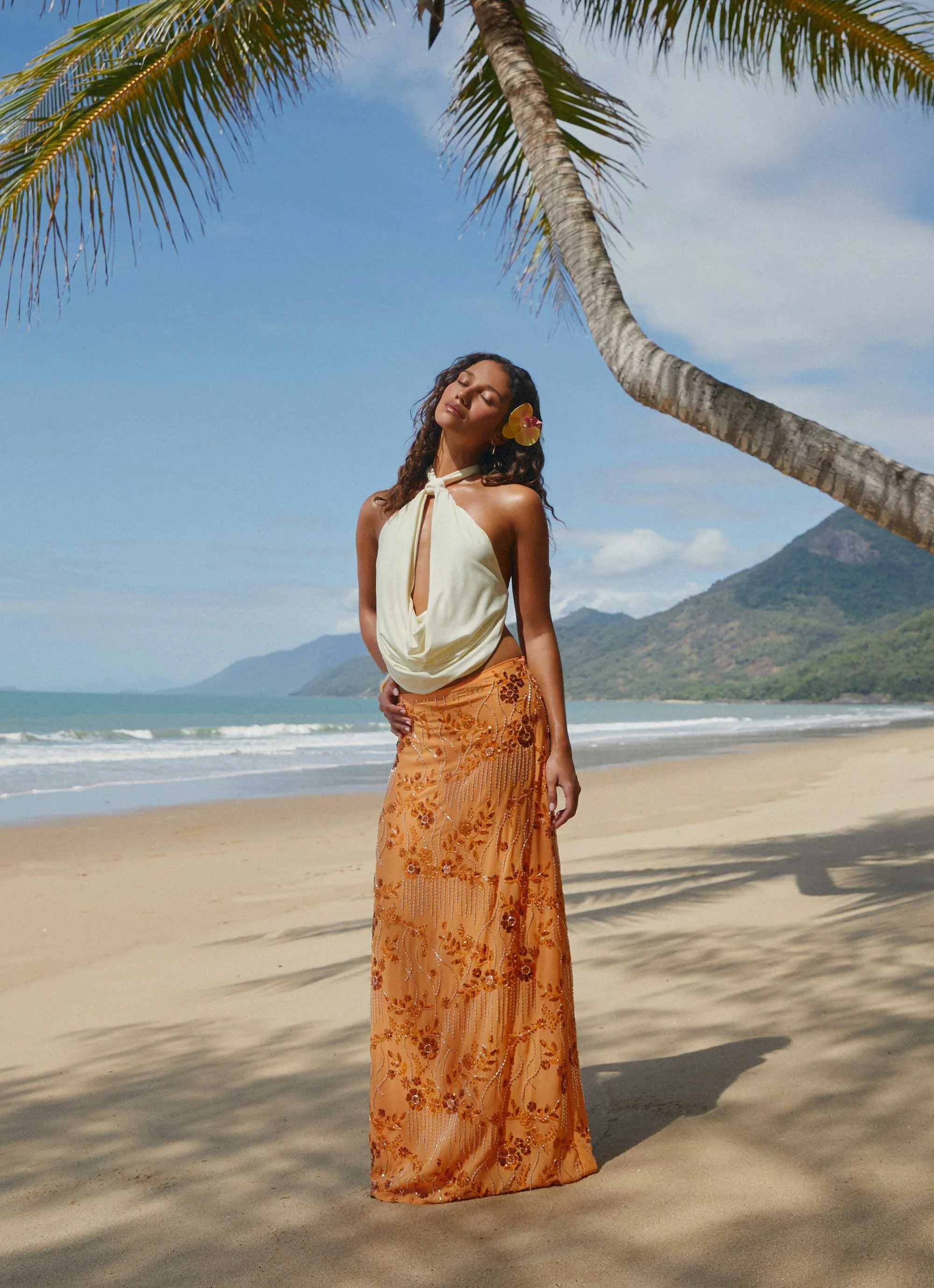 Corinna Low Rise Sequin Maxi Skirt - Orange Weighted Hem