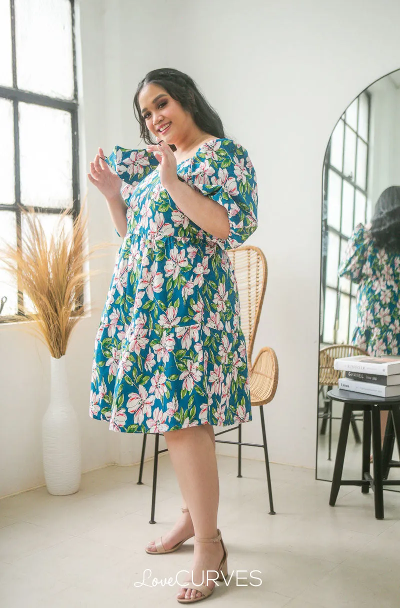 Square Neck Tiered Dress- Dark Teal Lilies