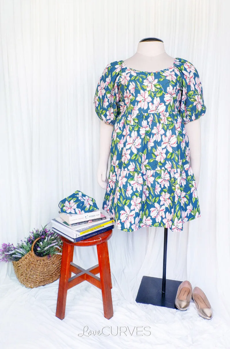 Square Neck Tiered Dress- Dark Teal Lilies