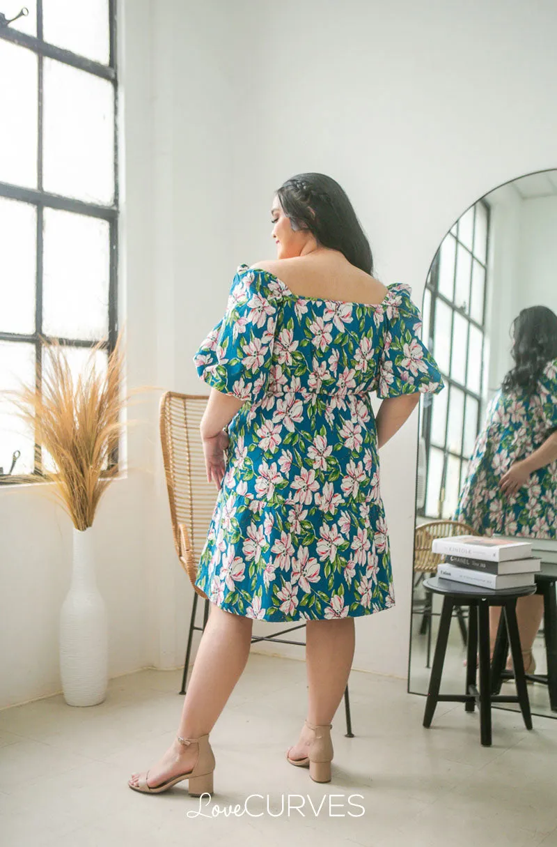 Square Neck Tiered Dress- Dark Teal Lilies