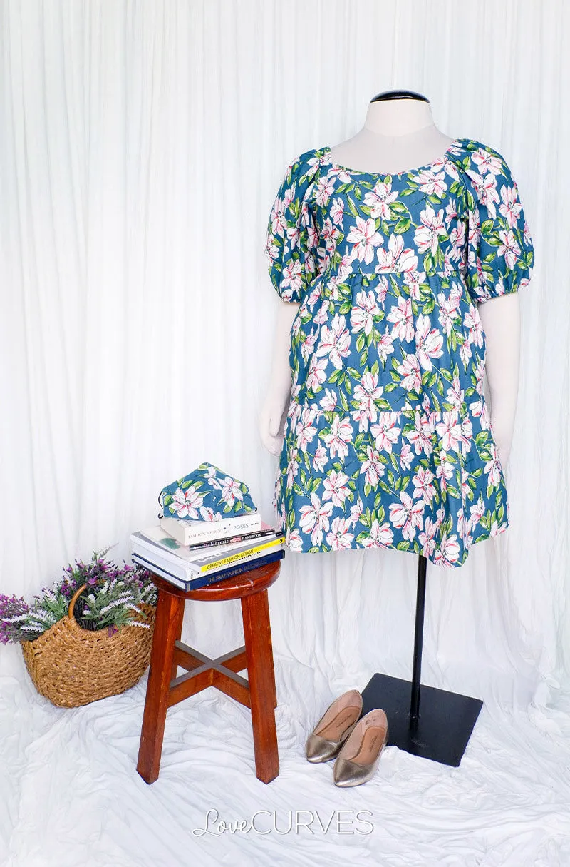 Square Neck Tiered Dress- Dark Teal Lilies
