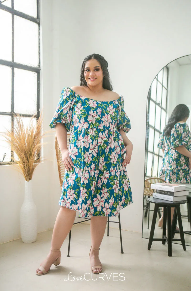 Square Neck Tiered Dress- Dark Teal Lilies