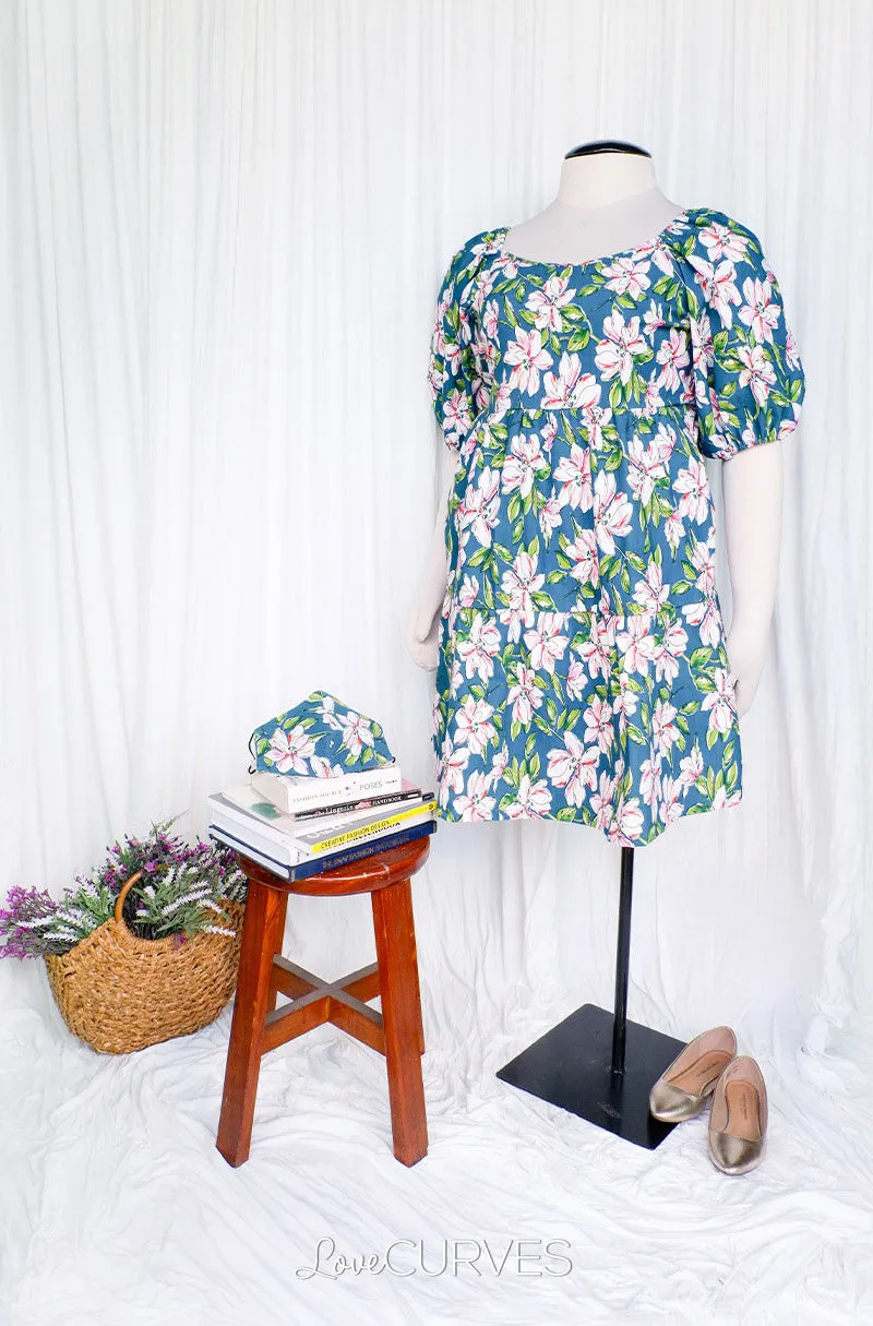 Square Neck Tiered Dress- Dark Teal Lilies