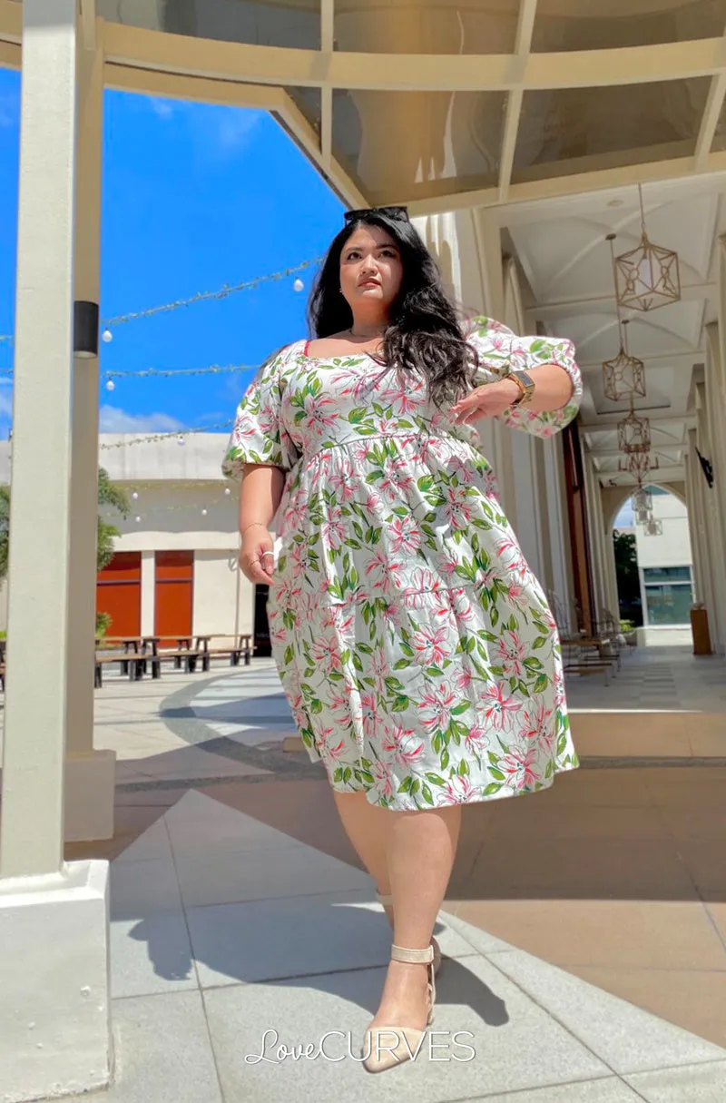Square Neck Tiered Dress- White Lilies