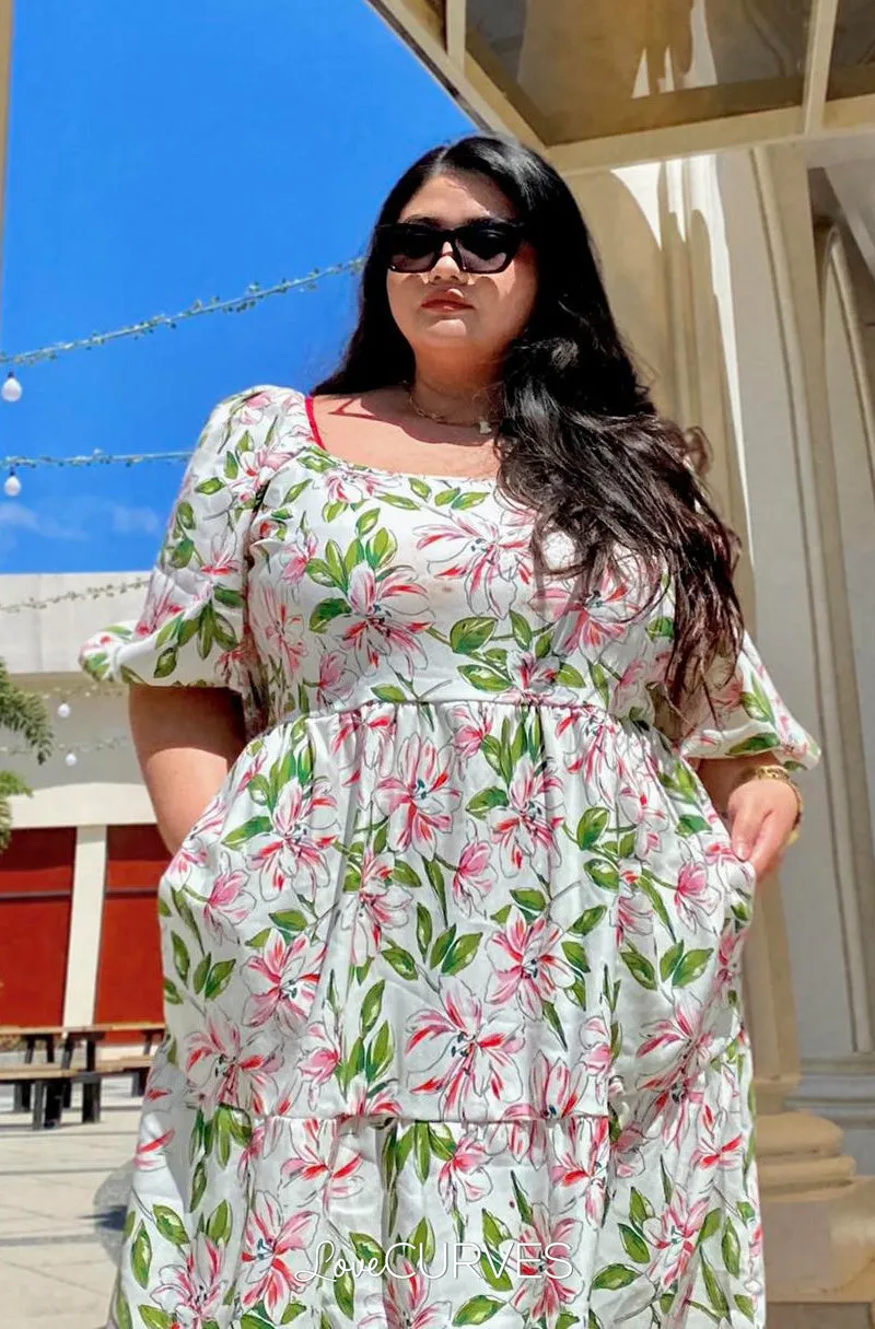 Square Neck Tiered Dress- White Lilies