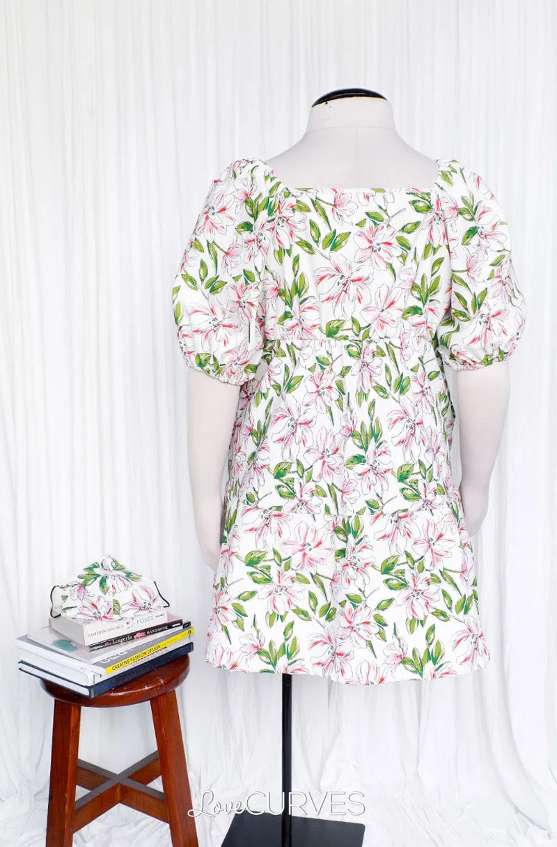 Square Neck Tiered Dress- White Lilies