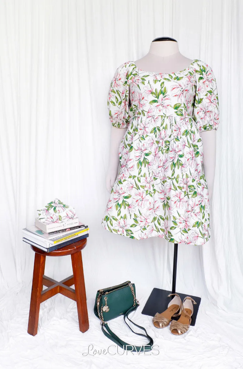 Square Neck Tiered Dress- White Lilies