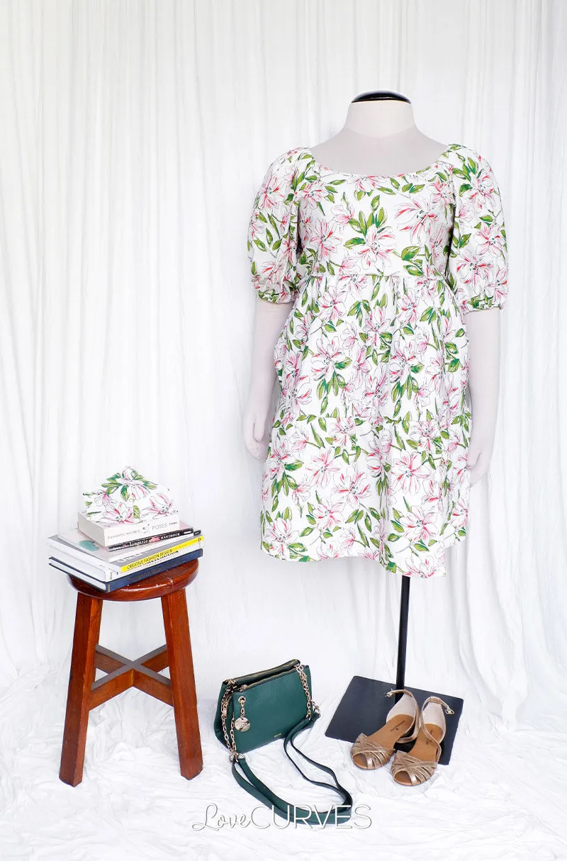 Square Neck Tiered Dress- White Lilies