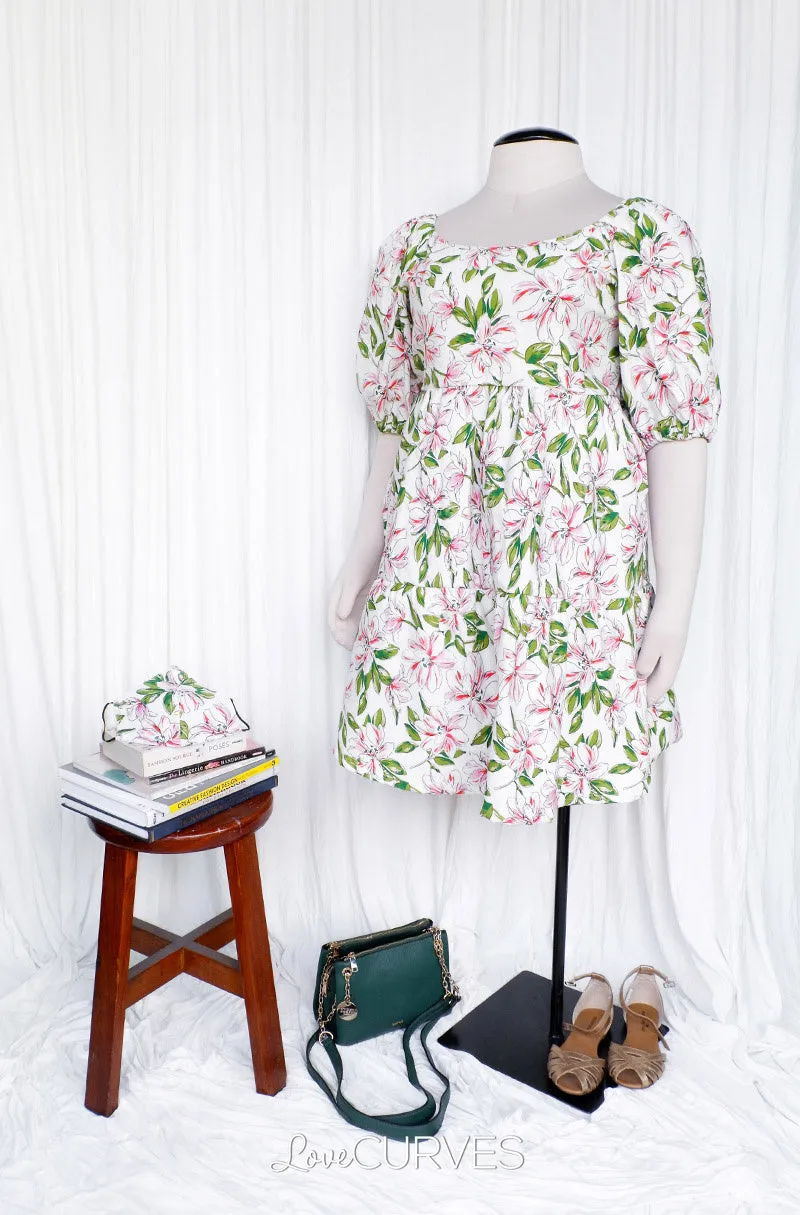 Square Neck Tiered Dress- White Lilies