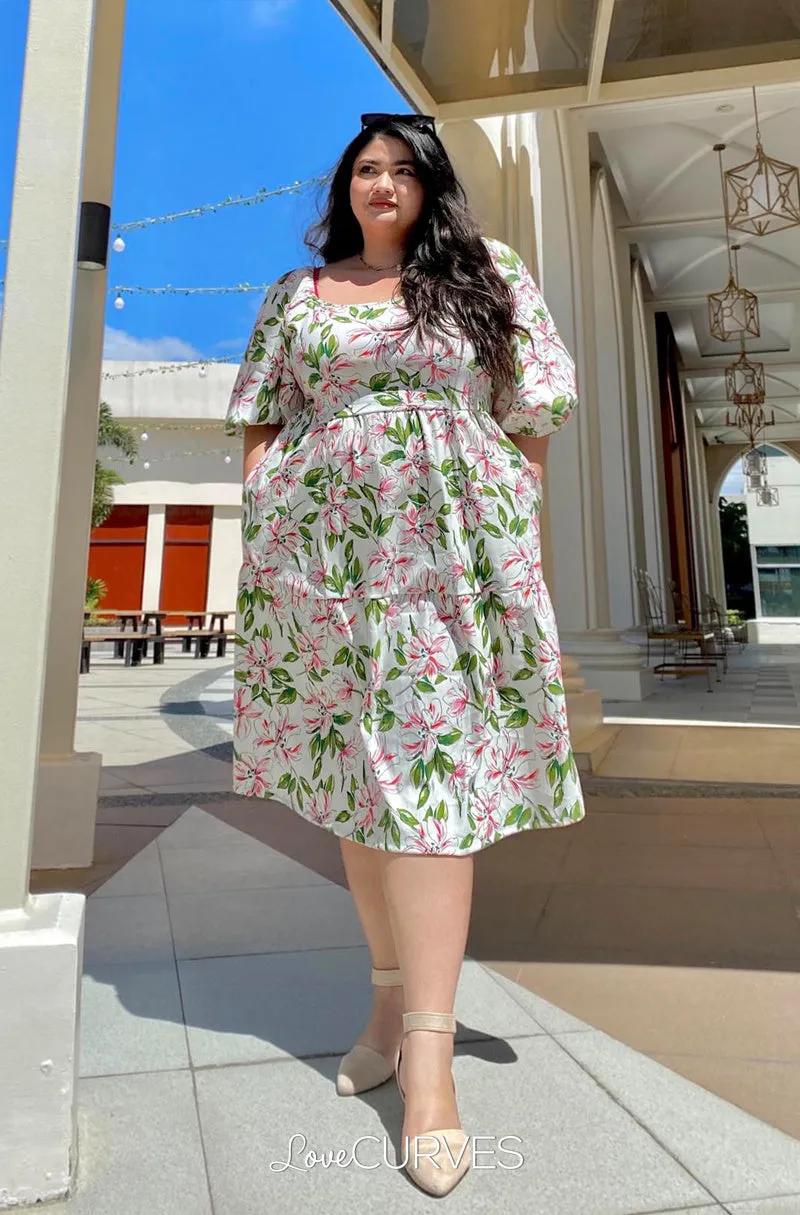 Square Neck Tiered Dress- White Lilies