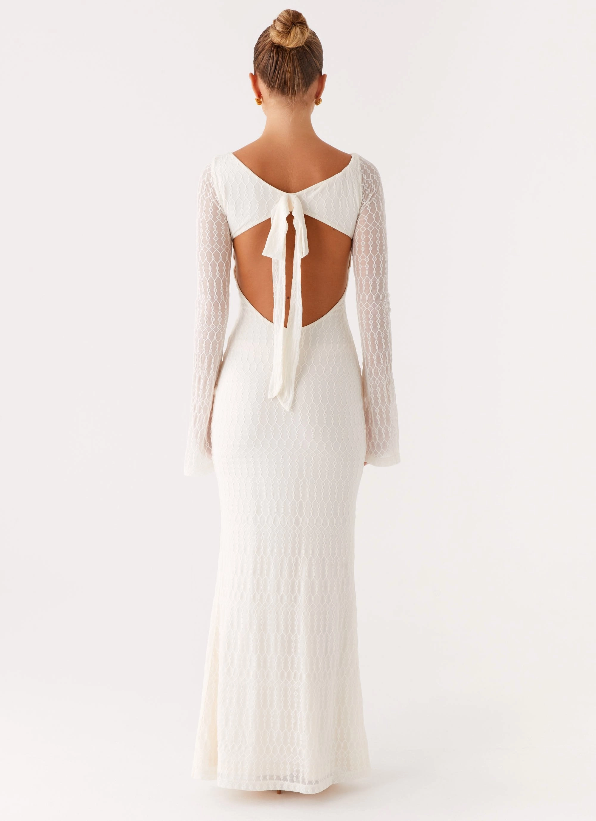 Cool Elegance Polished Look Ethereal Long Sleeve Maxi Dress - Ivory