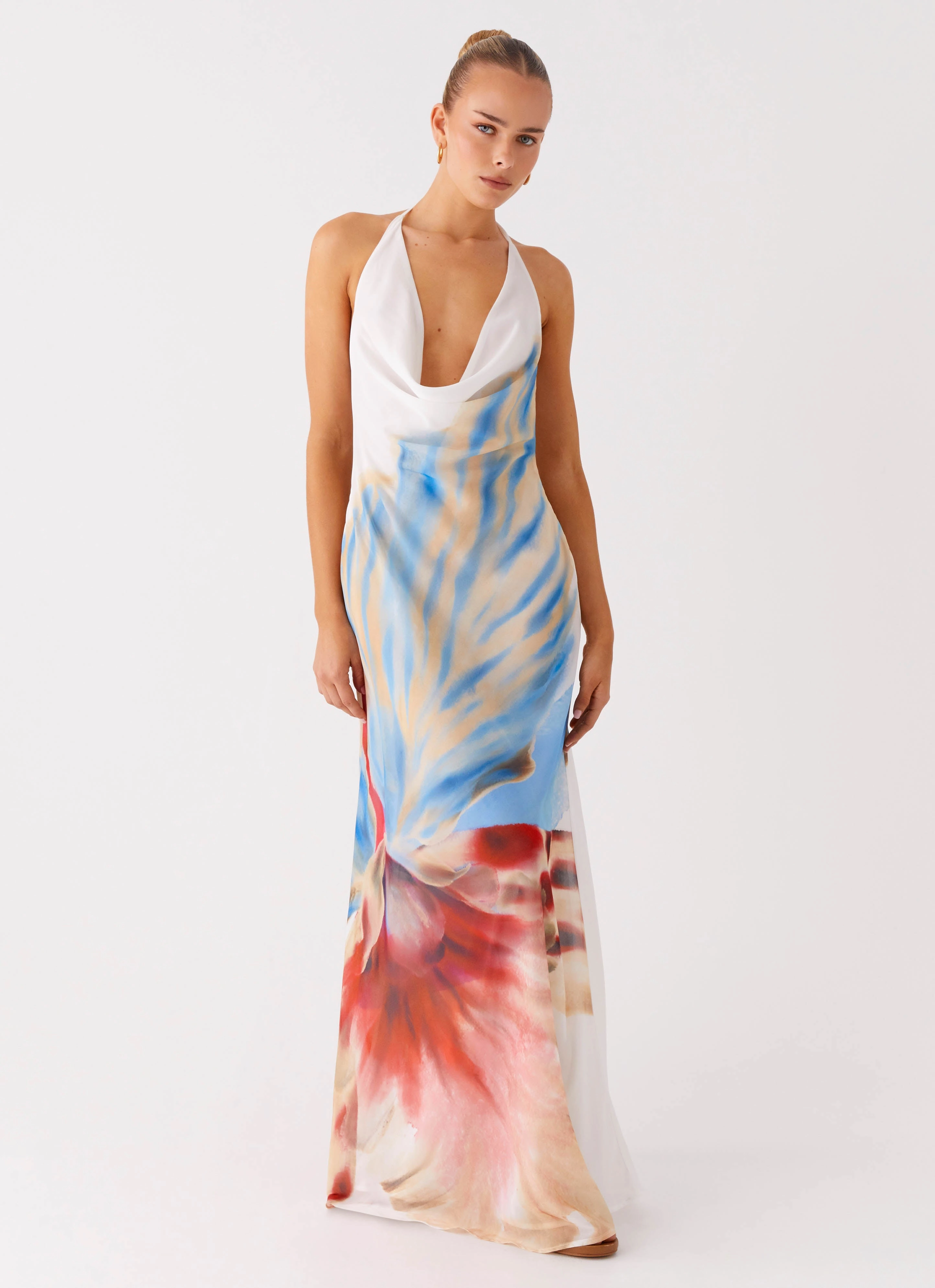 Stars Align Cowl Maxi Dress - White Sea Bloom Fresh Palette Casual Look