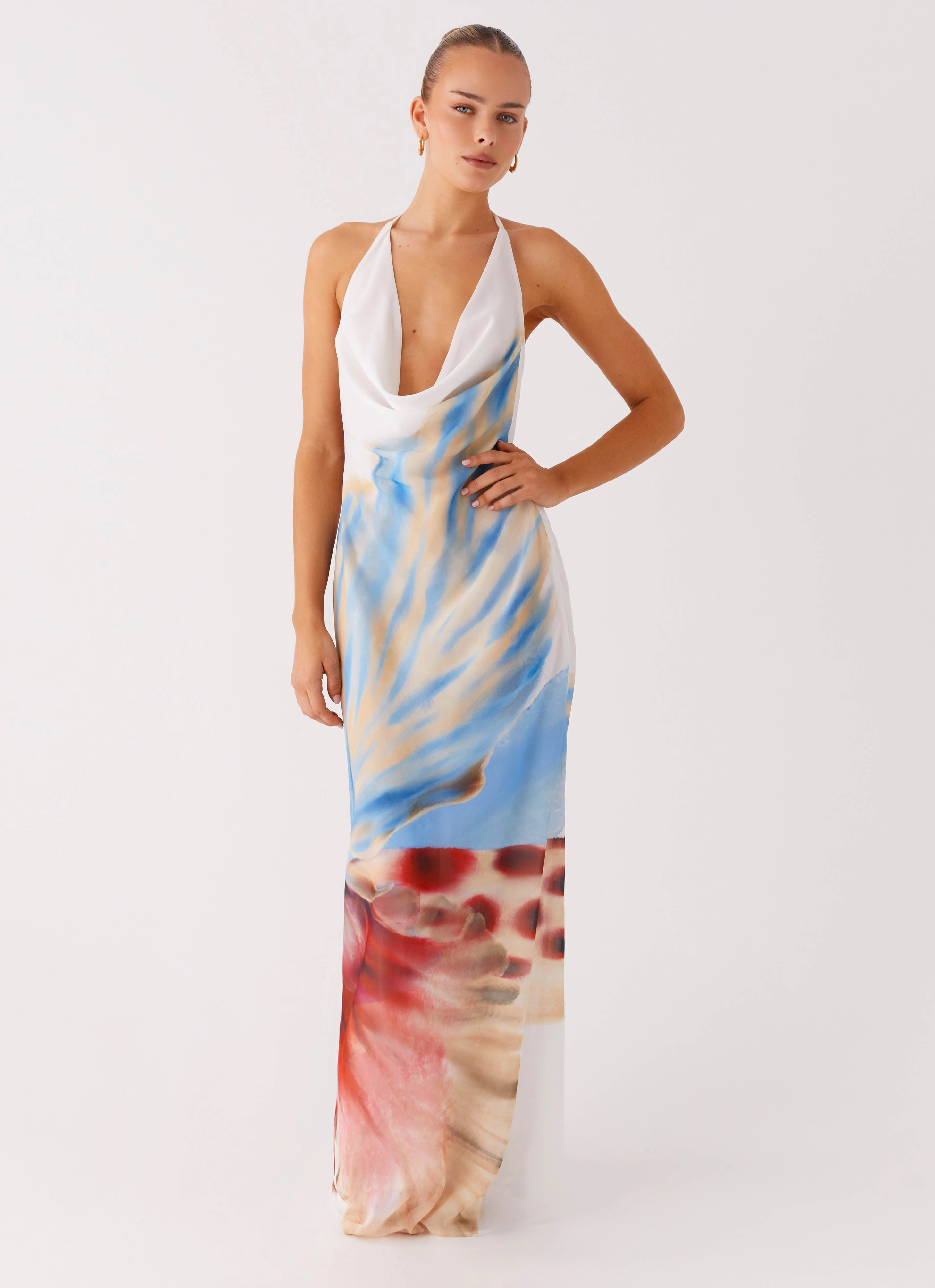 Stars Align Cowl Maxi Dress - White Sea Bloom Stylish Line