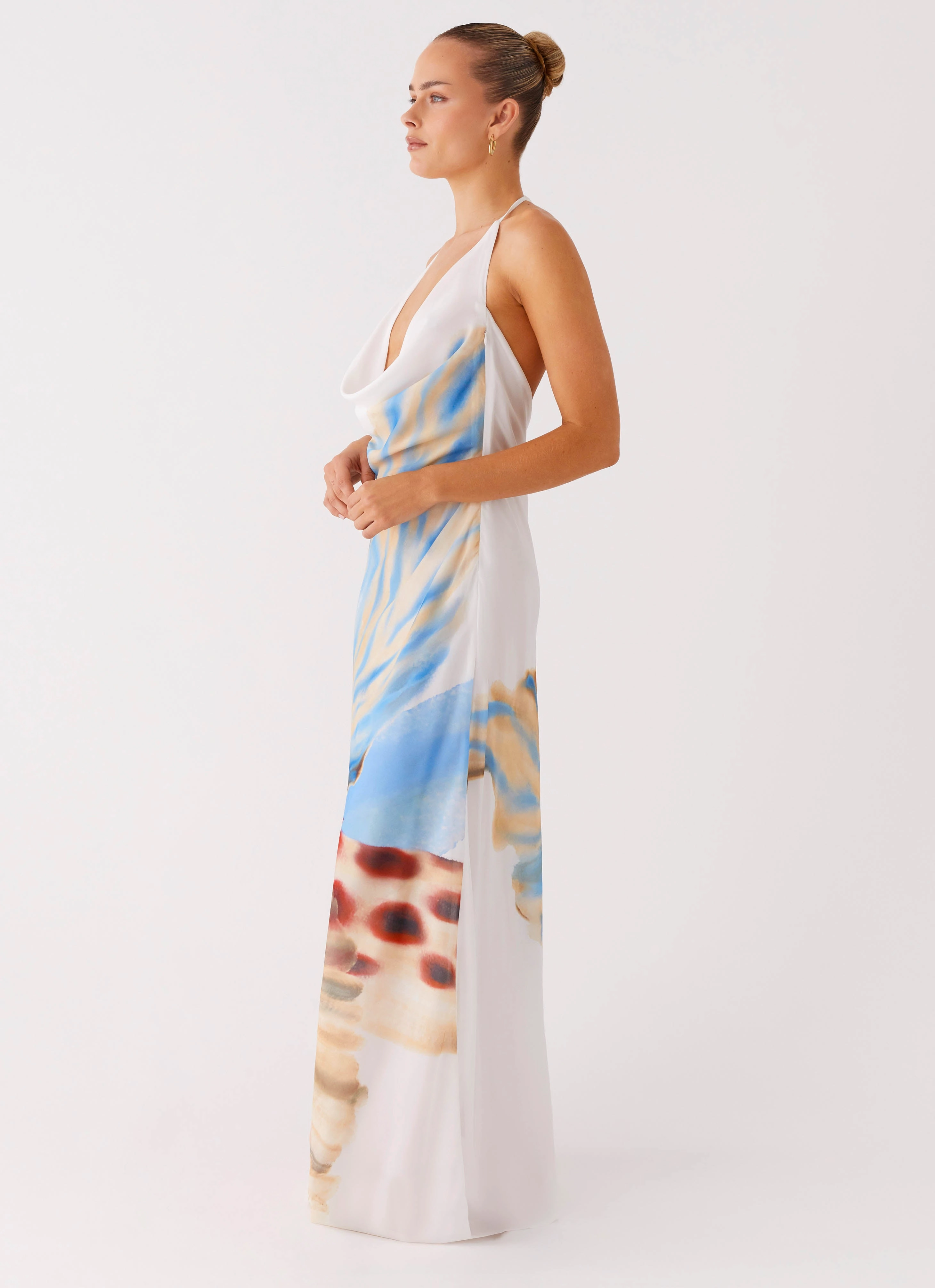 Stars Align Cowl Maxi Dress - White Sea Bloom Empire-Waist