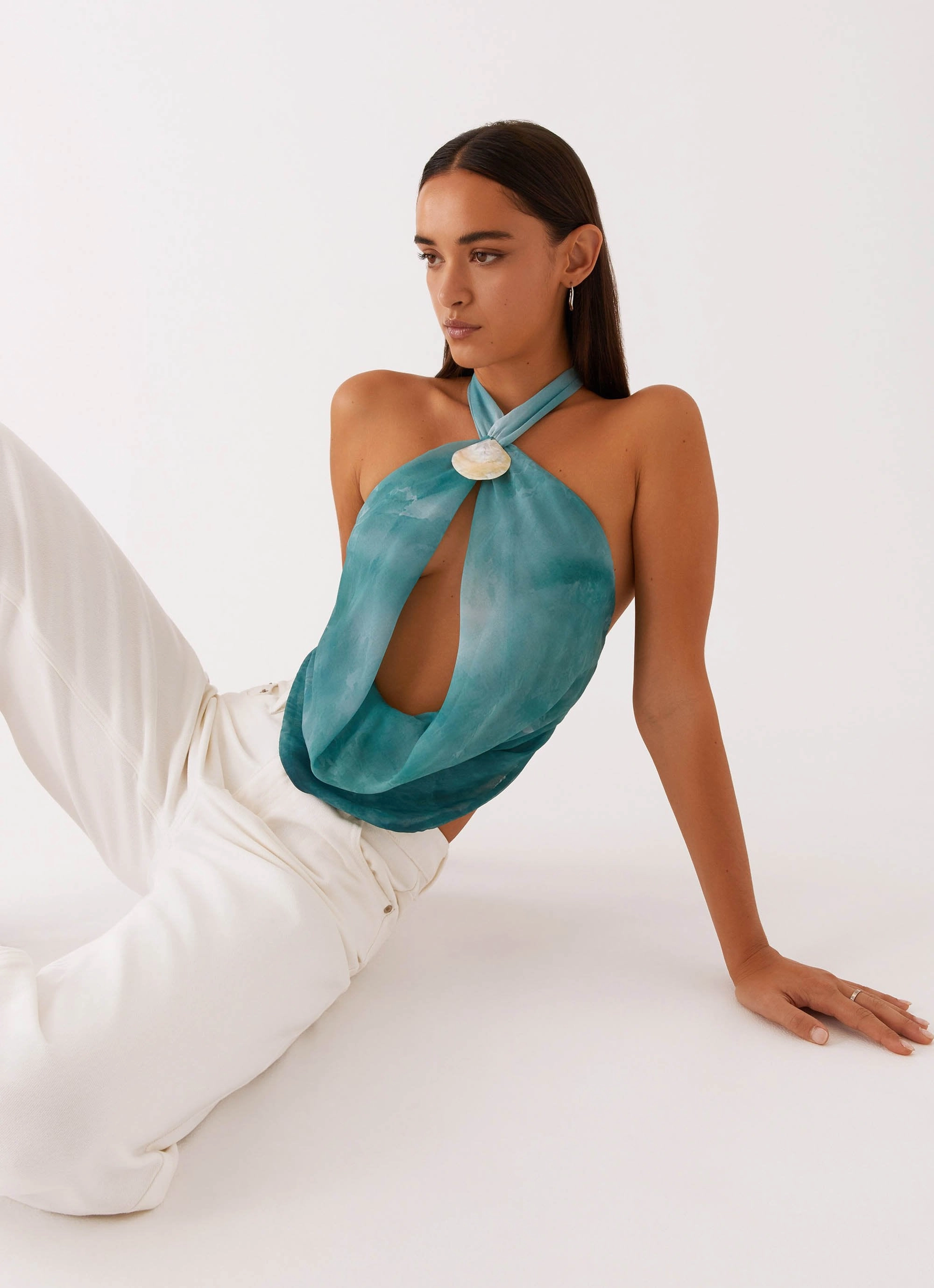 Breathable Design Soft Touch Blend Zola Cowl Neck Shell Top - Green Tie Dye