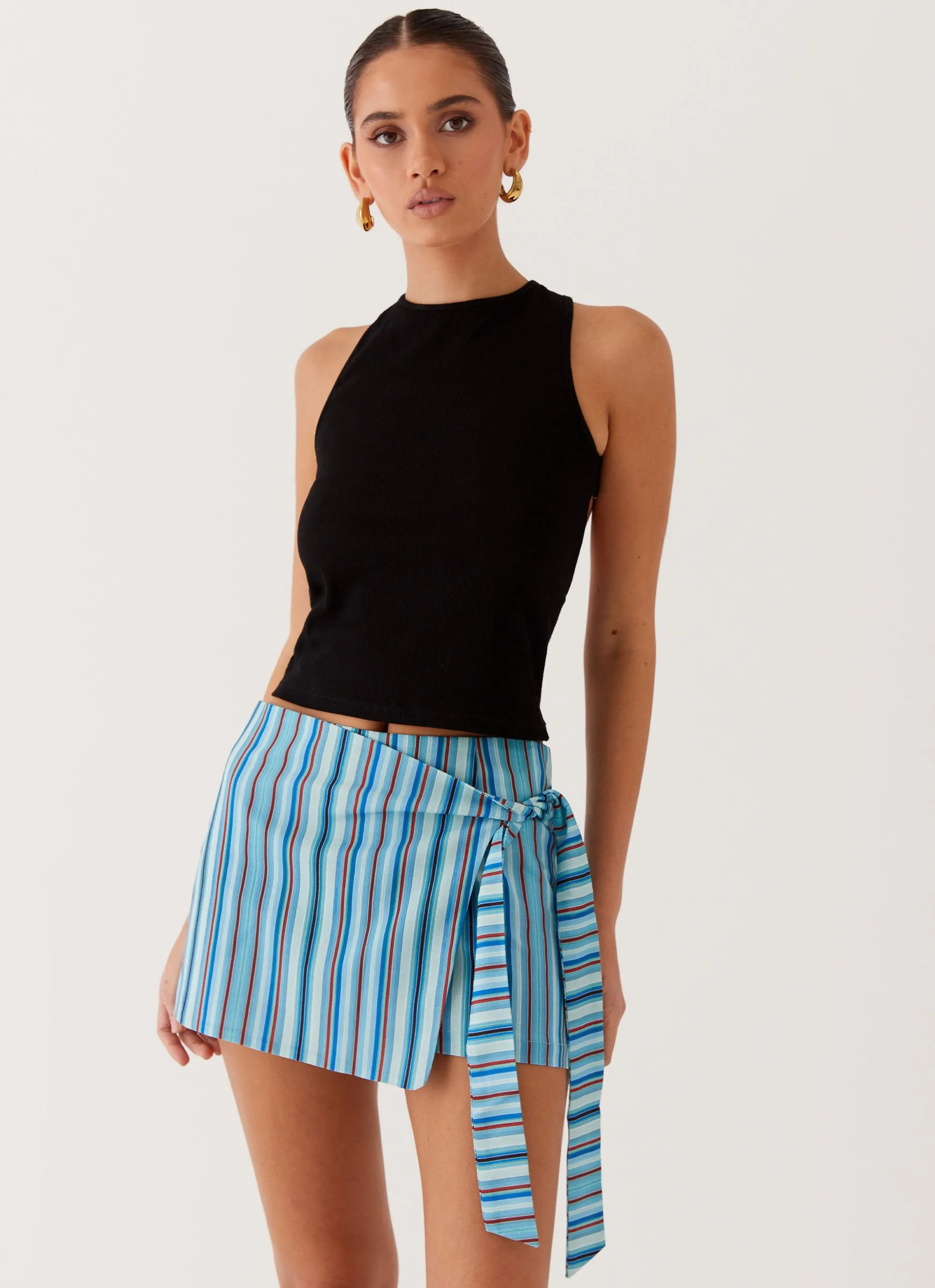 Steal Away Linen Wrap Skirt - Blue Stripe Cozy Vibes