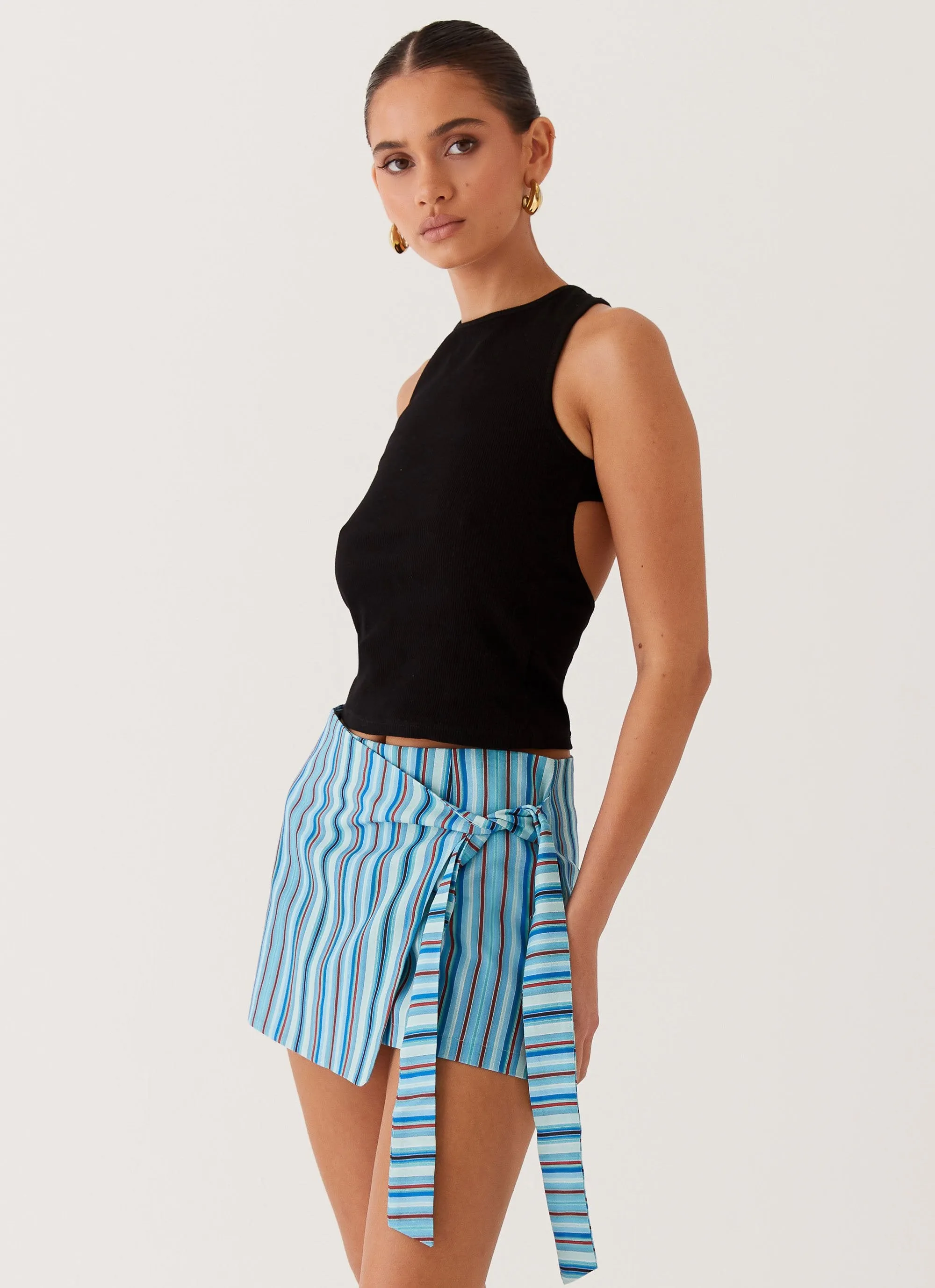 Outfit Focus Silicone Grip Trim Steal Away Linen Wrap Skirt - Blue Stripe