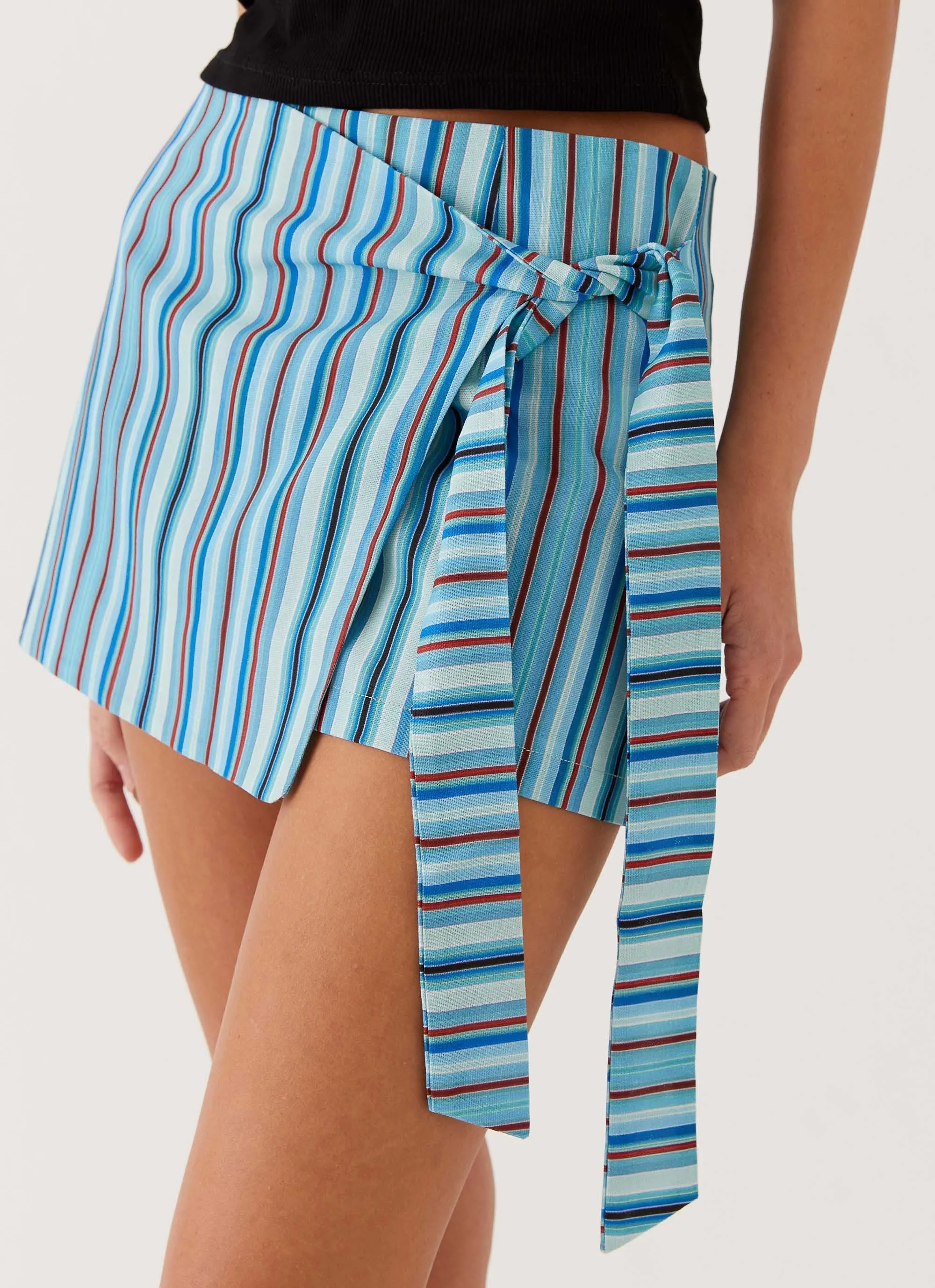 Steal Away Linen Wrap Skirt - Blue Stripe Maternity Friendly