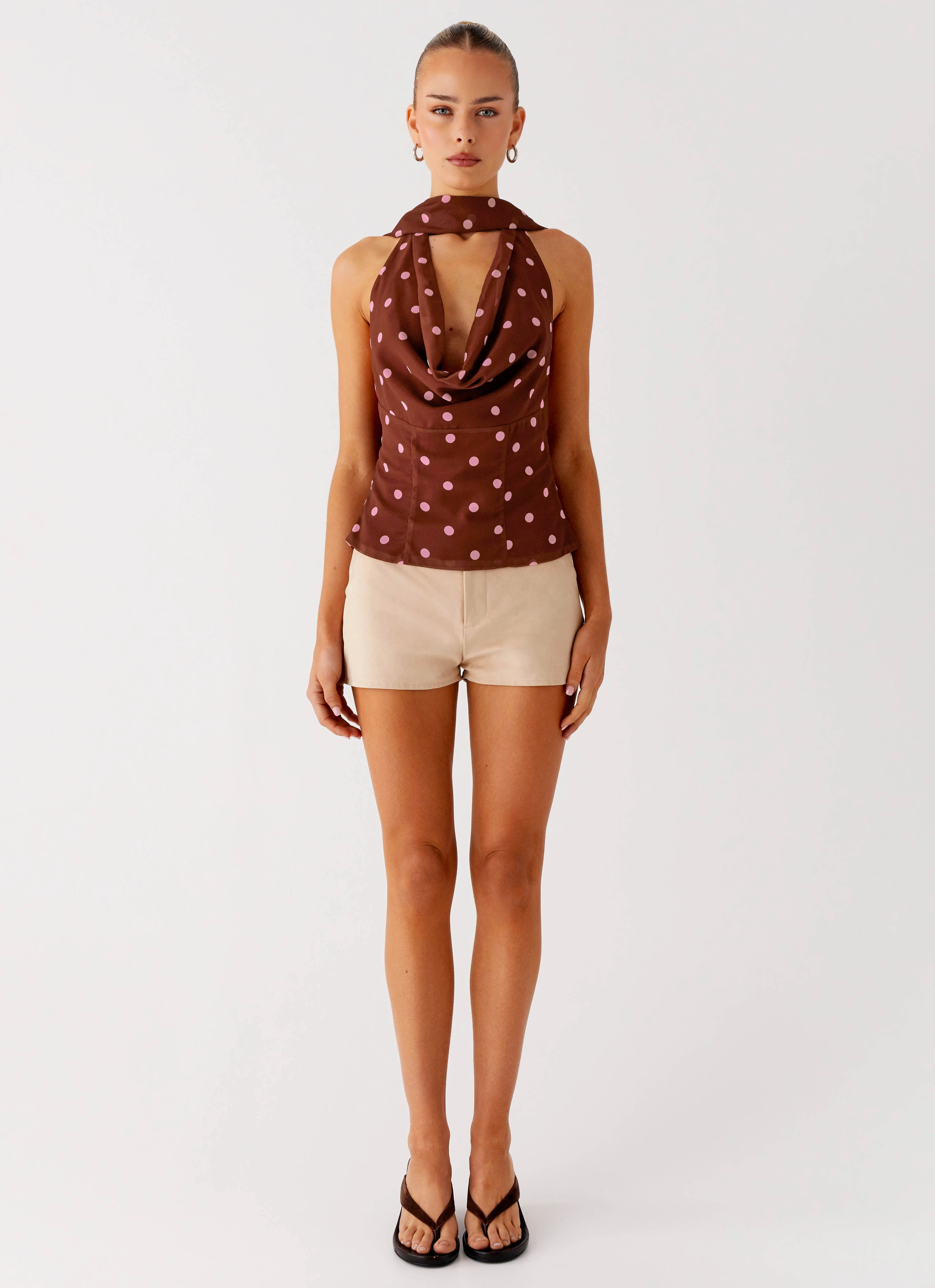 DoubleLayered Neckline Stretch Fit Top Stealing Love Scarf Top - Chocolate Strawberry Dot