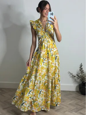 Steel Grey Indie Cut Out Frill Maxi Dress in Lemon Floral Indie Cut Out Frill Maxi Dress in Lemon Floral London Edge