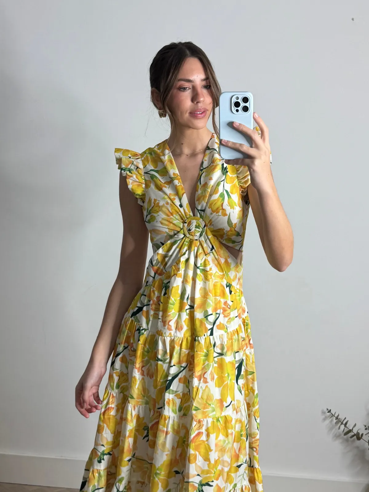Calm Lines Wrap Glow Indie Cut Out Frill Maxi Dress in Lemon Floral