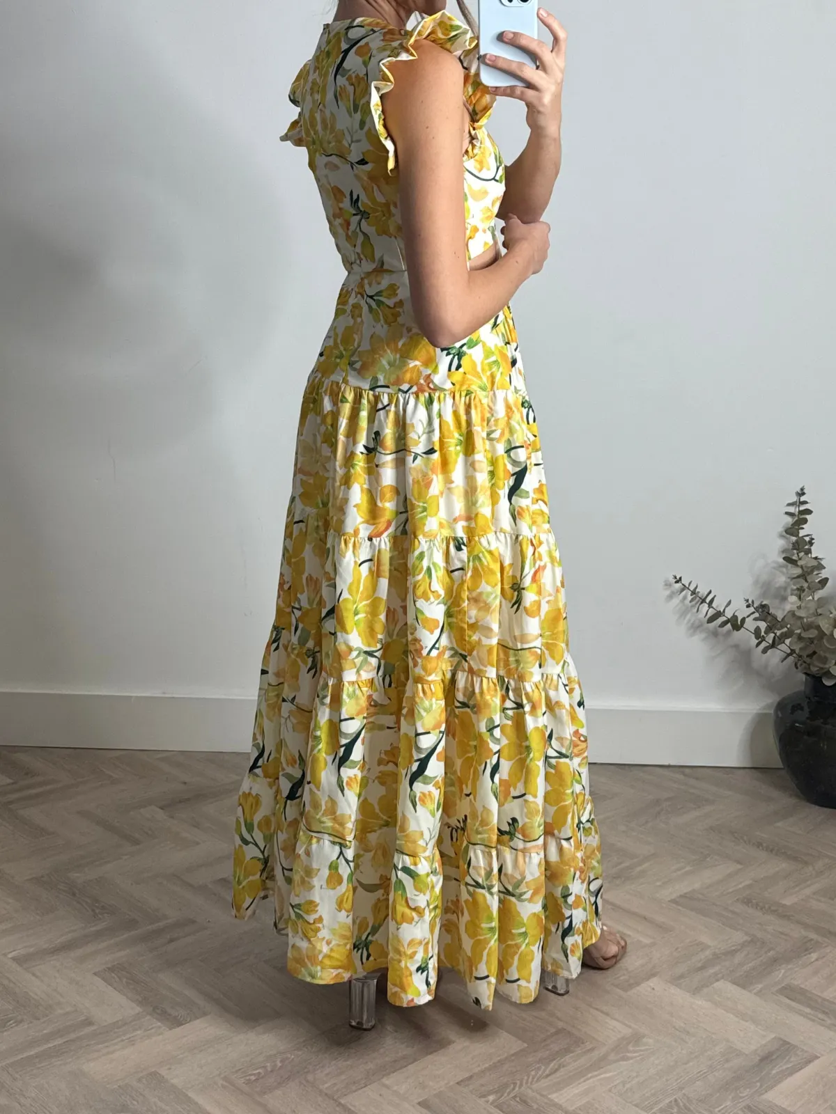Fresh Look Indie Cut Out Frill Maxi Dress in Lemon Floral