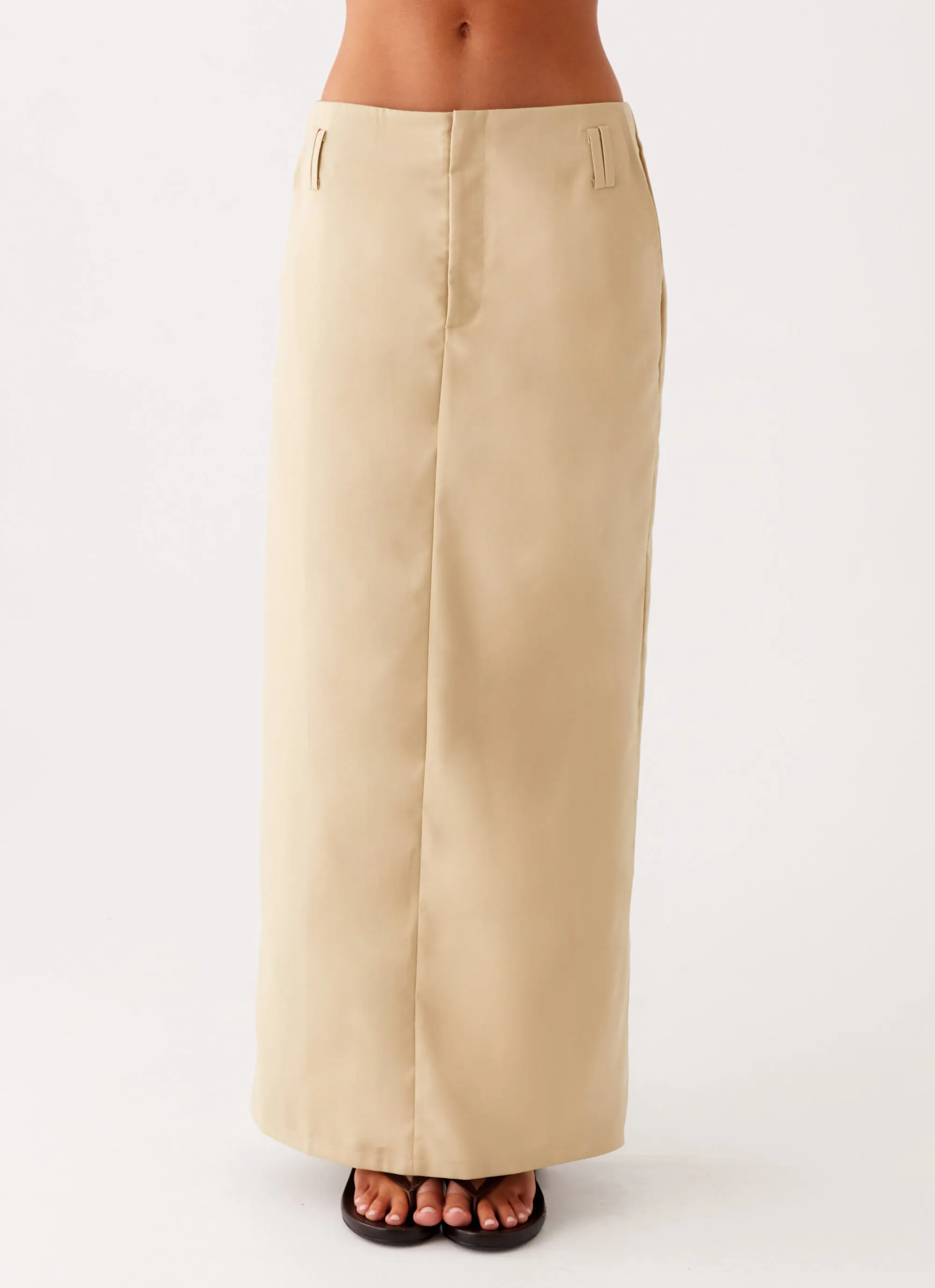 Stella Tailored Maxi Skirt - Beige Adjustable Hem Breezy Outfit