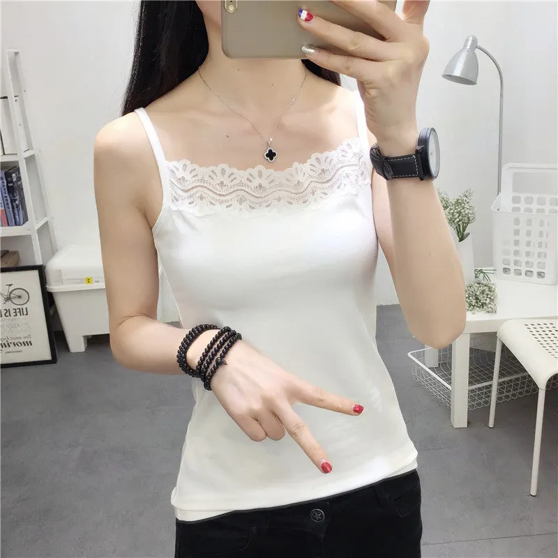 Strap Women Lace Tank Top Korean Solid Colored Slim Look Sexy Matching Tank Top