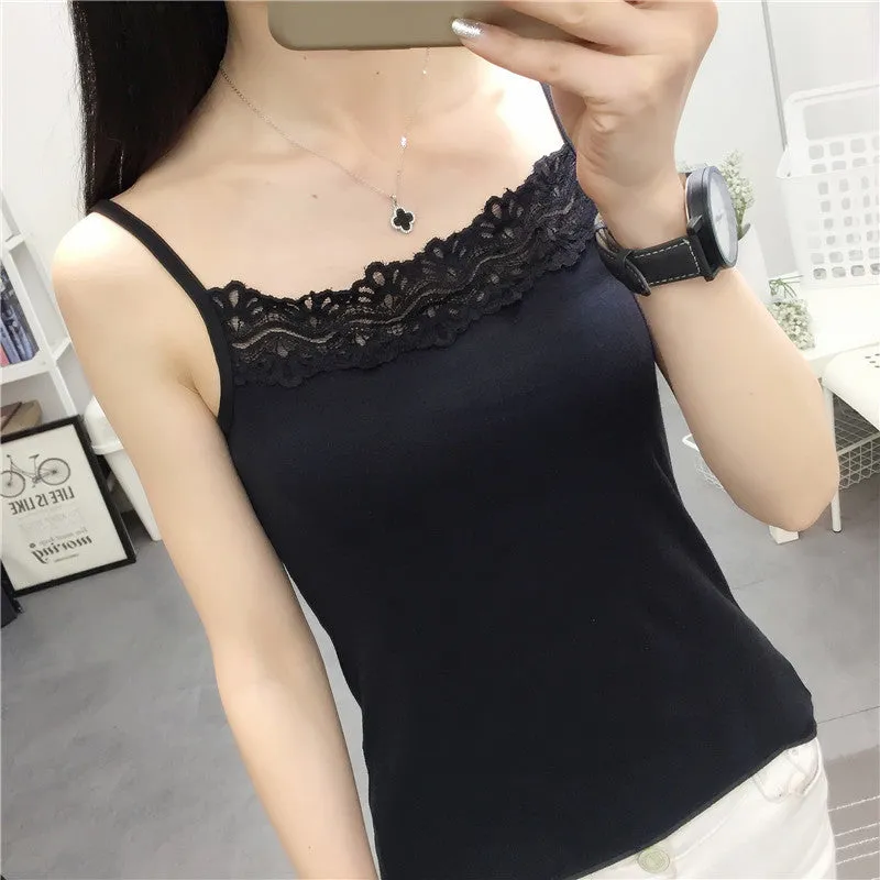 Strap Women Lace Tank Top Korean Solid Colored Slim Look Sexy Matching Tank Top