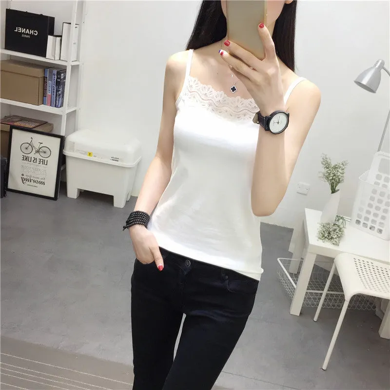 Strap Women Lace Tank Top Korean Solid Colored Slim Look Sexy Matching Tank Top