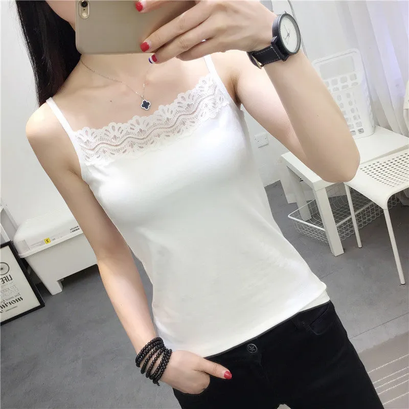 Strap Women Lace Tank Top Korean Solid Colored Slim Look Sexy Matching Tank Top