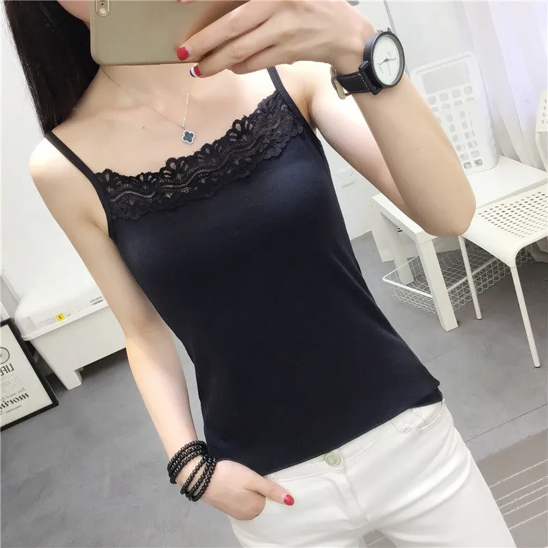 Strap Women Lace Tank Top Korean Solid Colored Slim Look Sexy Matching Tank Top