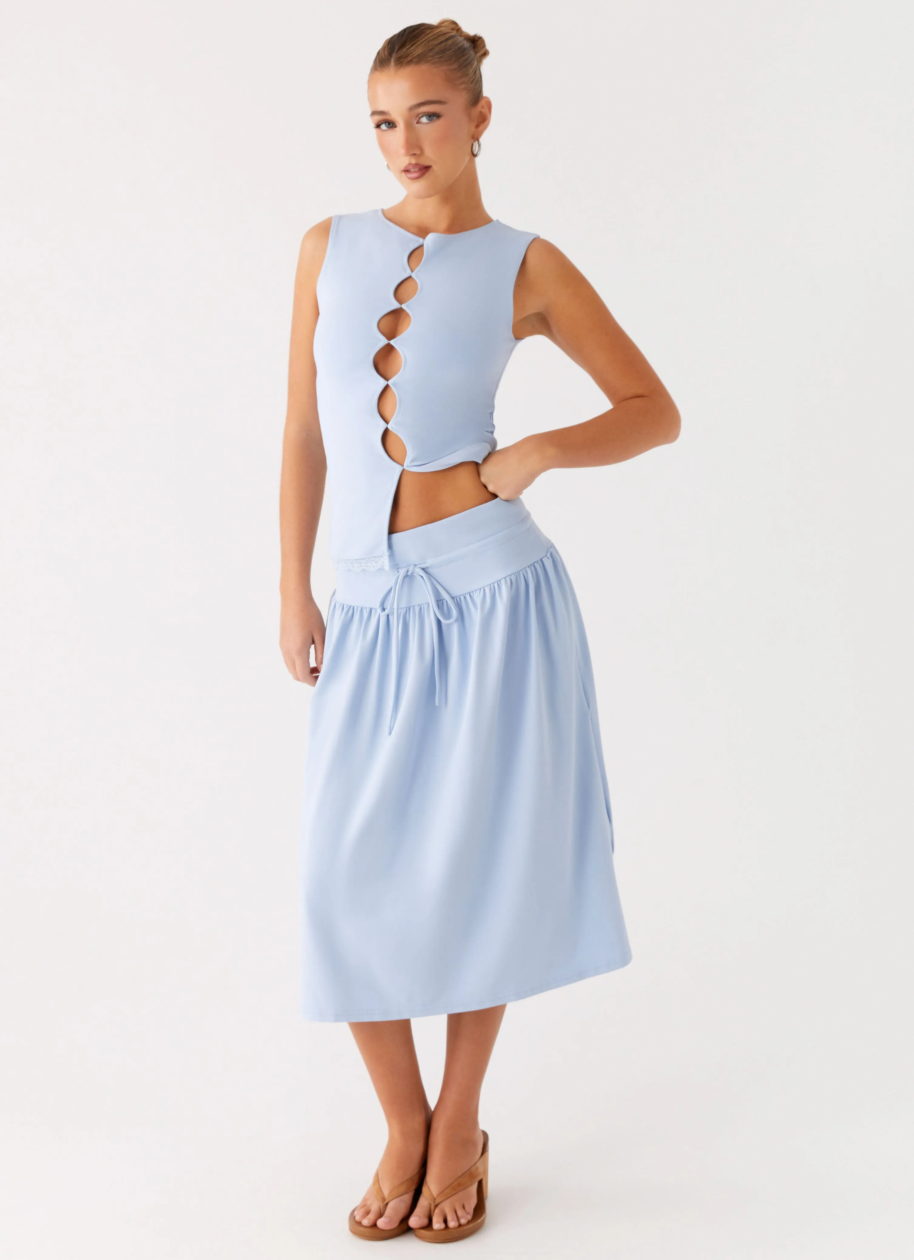 Romantic Vibe Silver Tides Midi Skirt - Blue