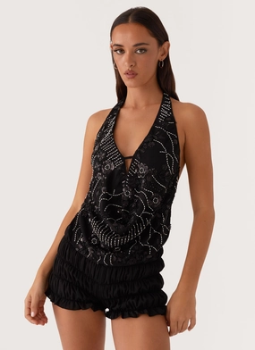 Stretch Fit Construction Gail Beaded Cowl Halterneck Top - Black Gail Beaded Cowl Halterneck Top - Black FadeResistant Dye Anti Pill Finish