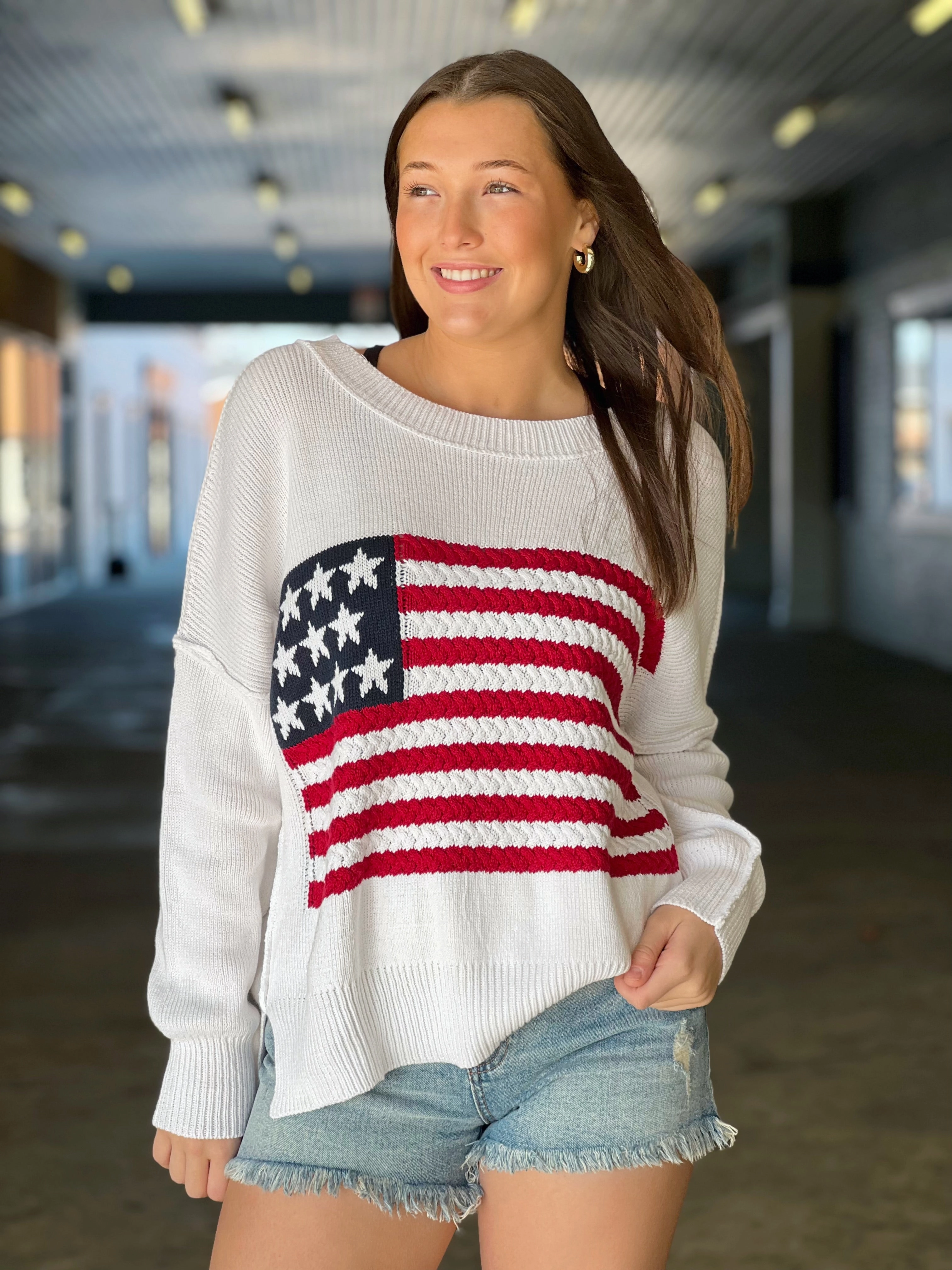 Comfy Cardigan Contrast Stitch Accent Old Glory Sweater- Ivory