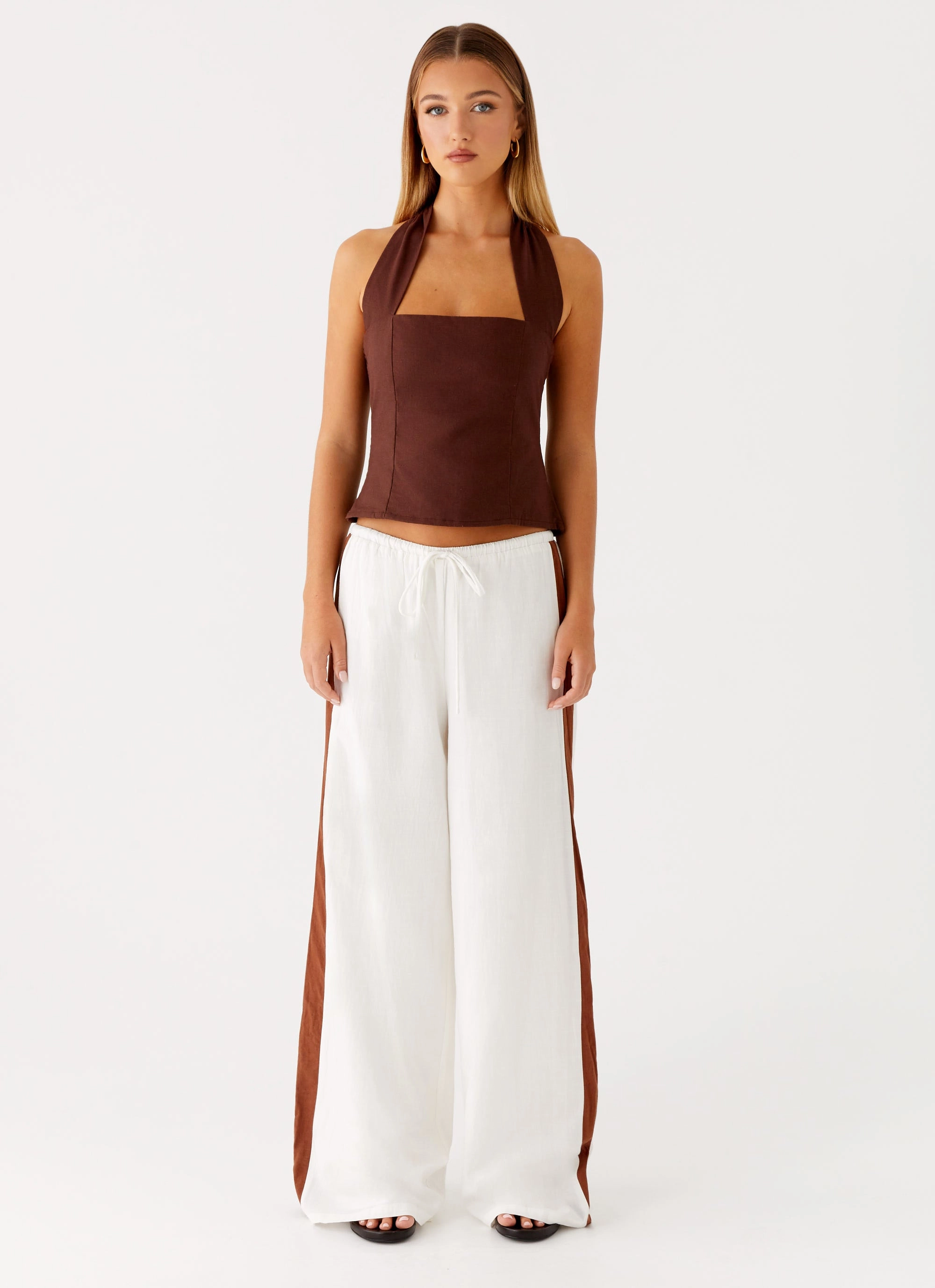 Light Fabric Lightweight Weave Sunflare Linen Halter Top - Chocolate