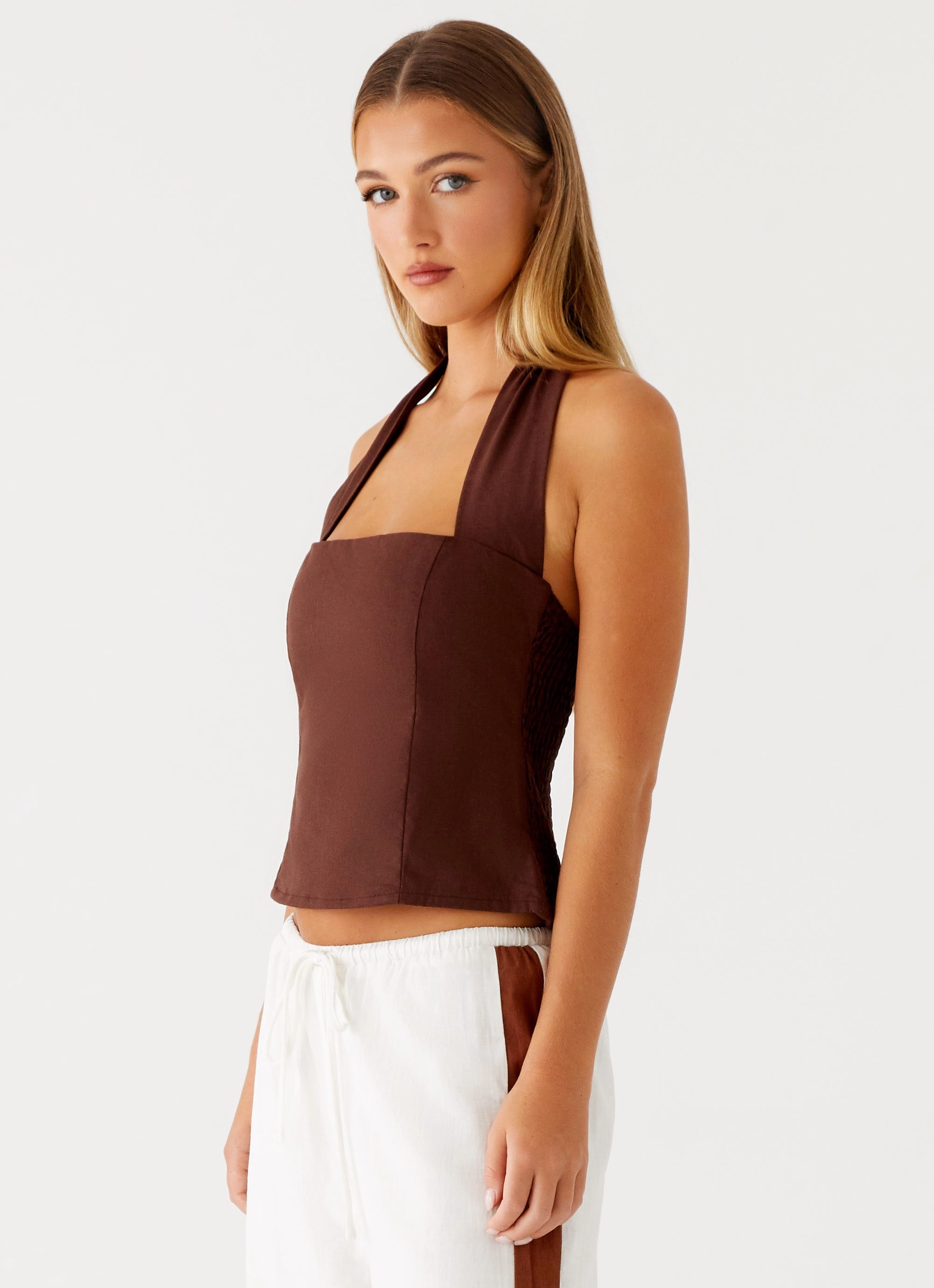 Anti Pilling Finish Rubberized grip Sunflare Linen Halter Top - Chocolate