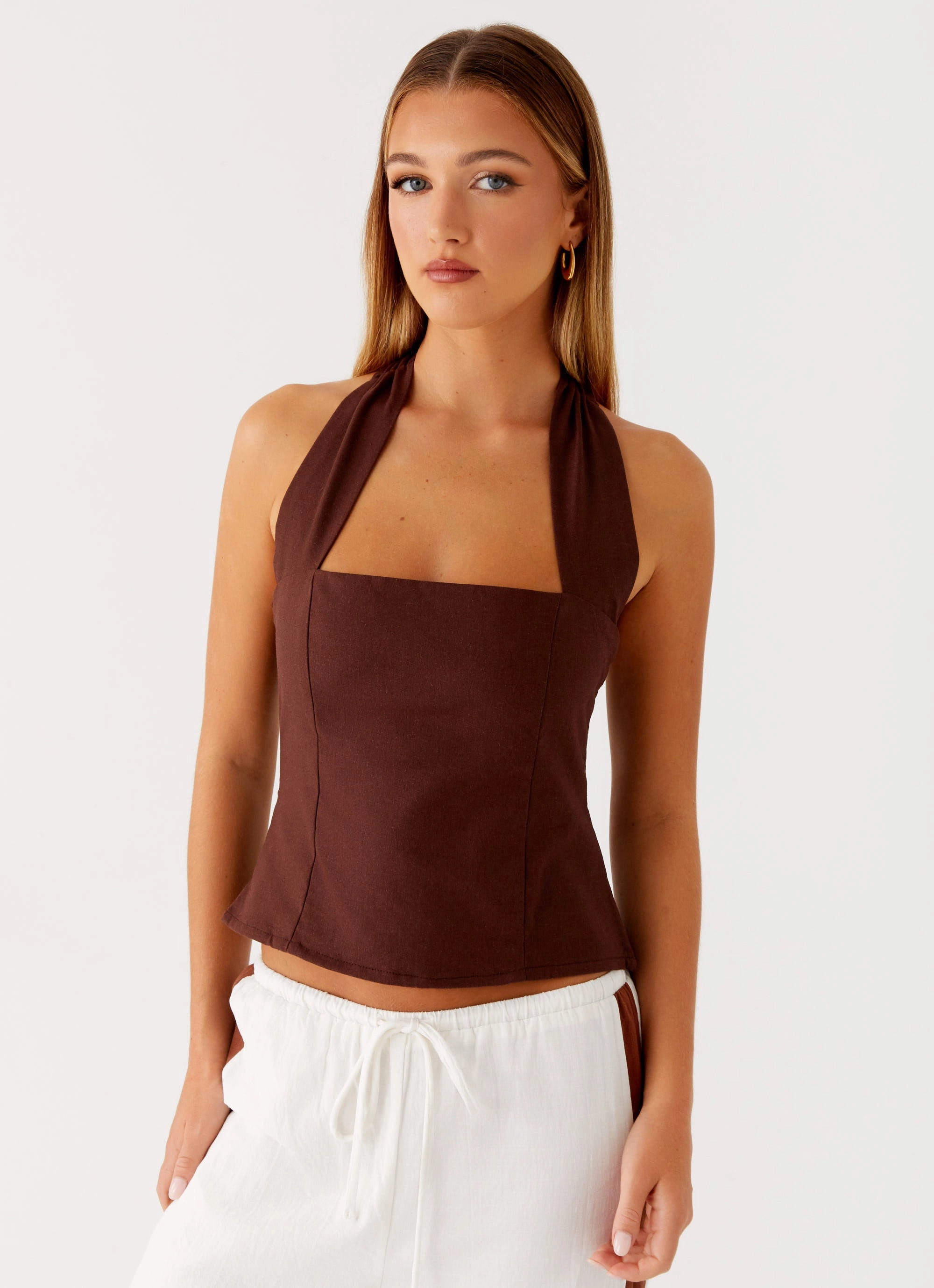 Sunflare Linen Halter Top - Chocolate Elegant Cardigan